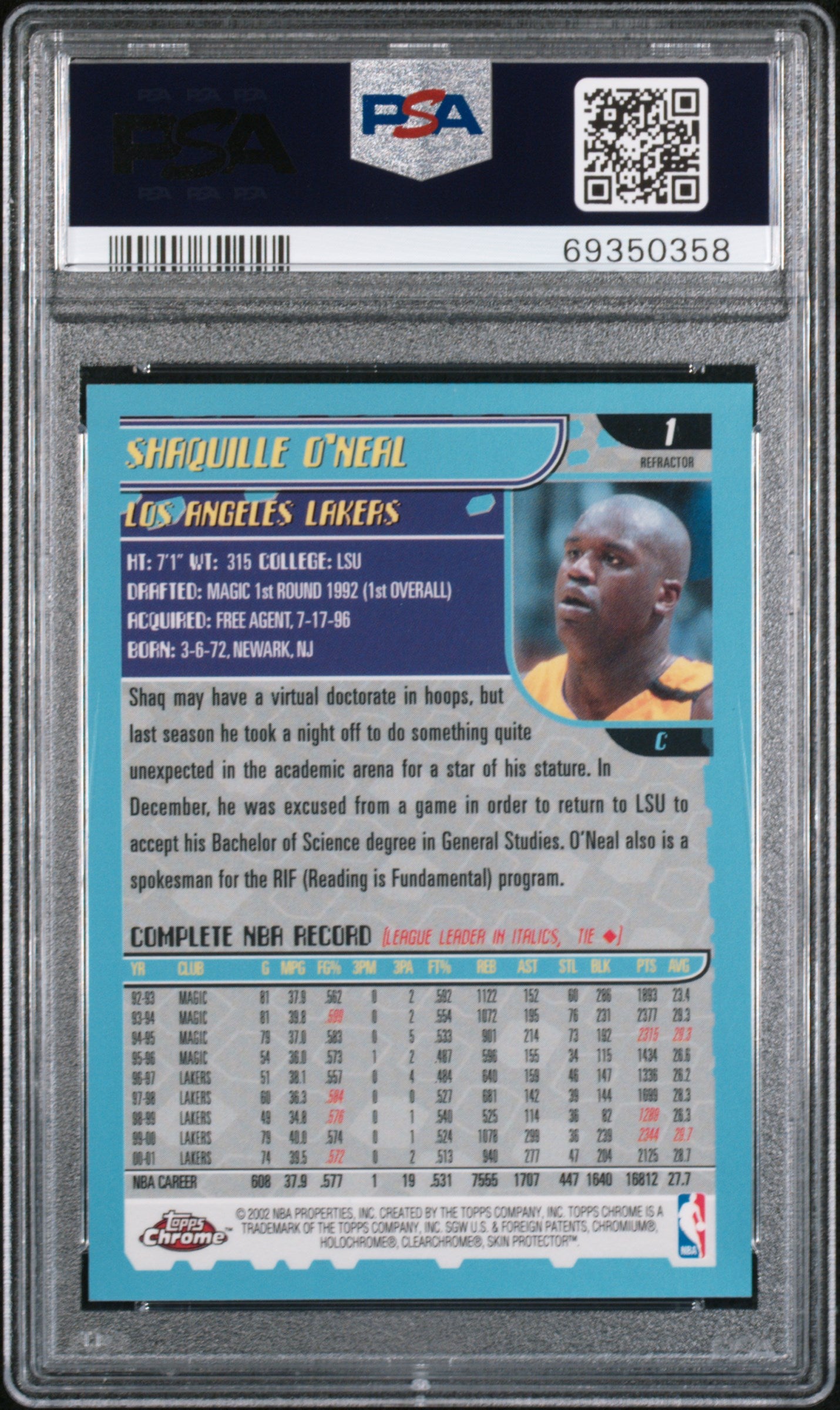 2001 Topps Chrome Shaquille O'Neal #1 Refractor PSA 9