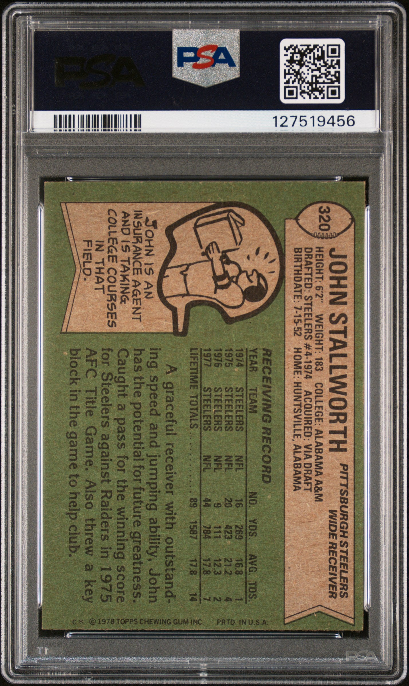1978 Topps John Stallworth #320 PSA 9 Auto 9