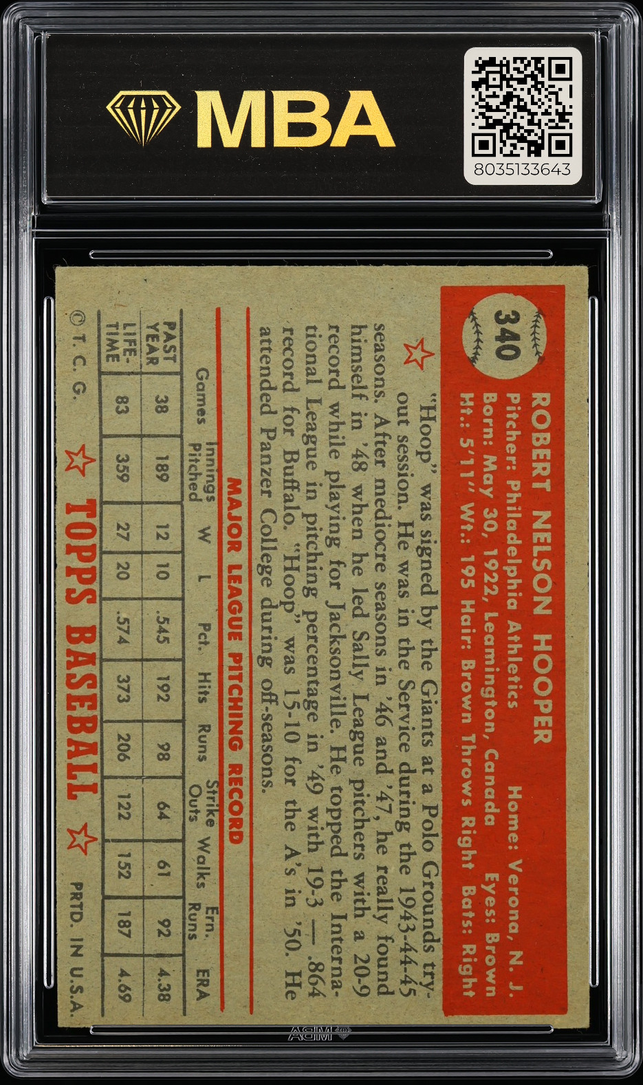 1952 Topps Bob Hooper #340 MBA 4