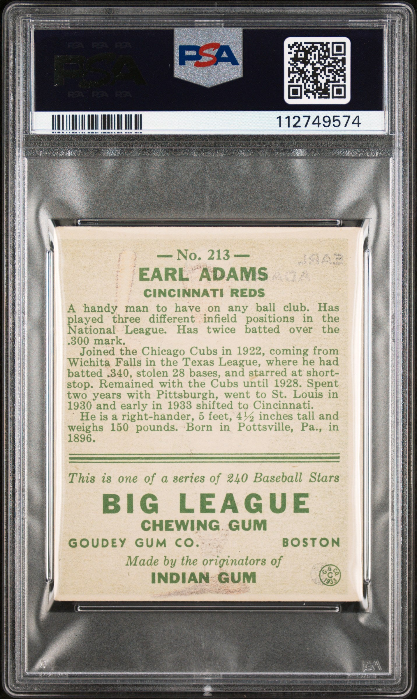 1933 Goudey Earl Adams #213 PSA 3
