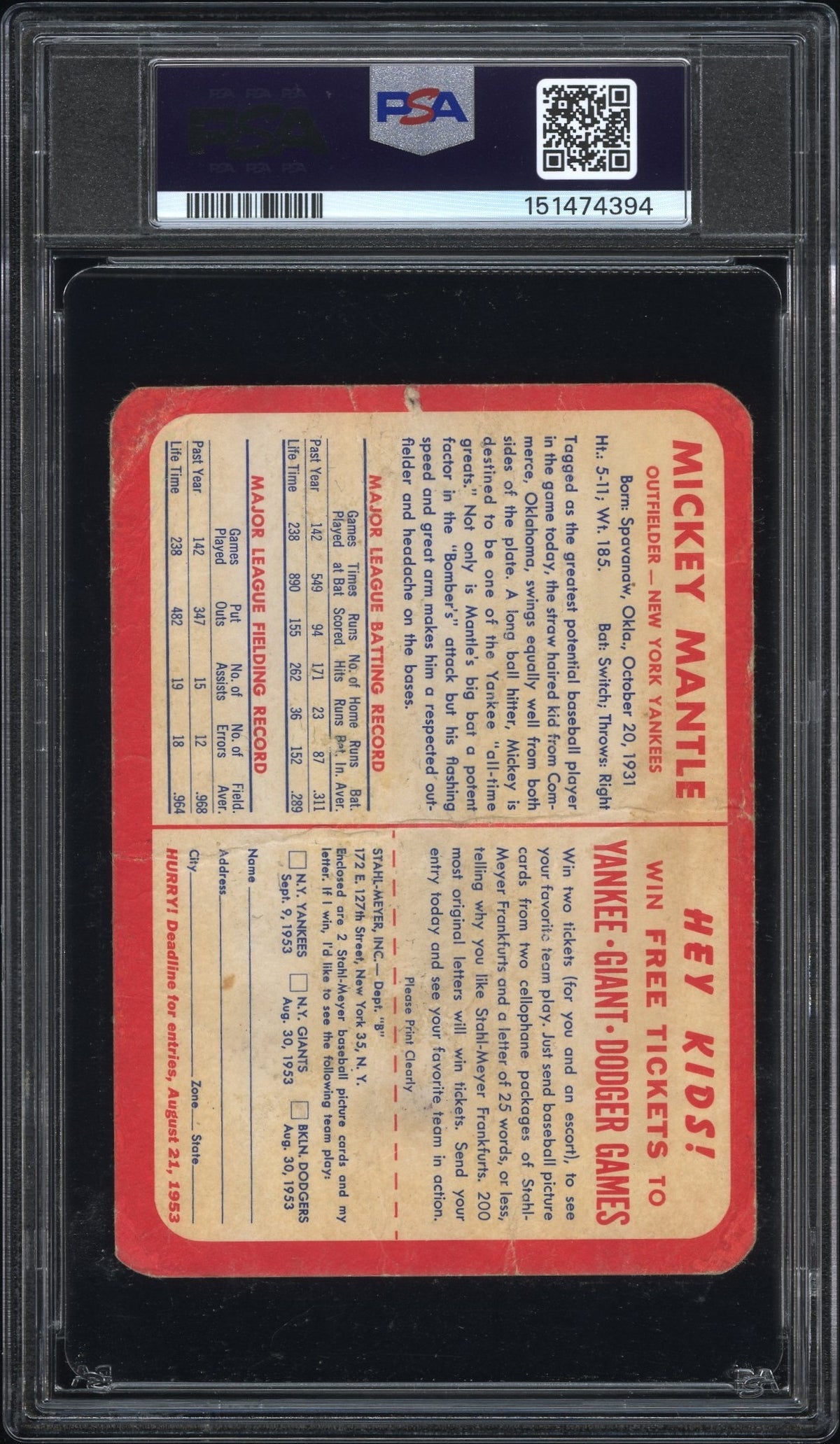 1953 Stahl-Meyer Franks Mickey Mantle PSA 1
