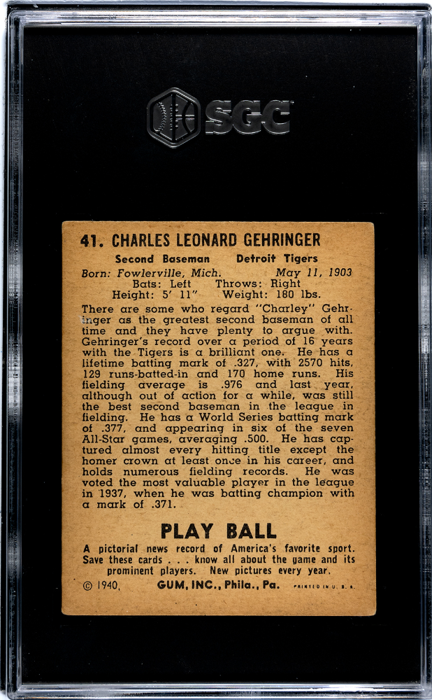 1940 Playball Charley Gehringer #41 SGC 2.5