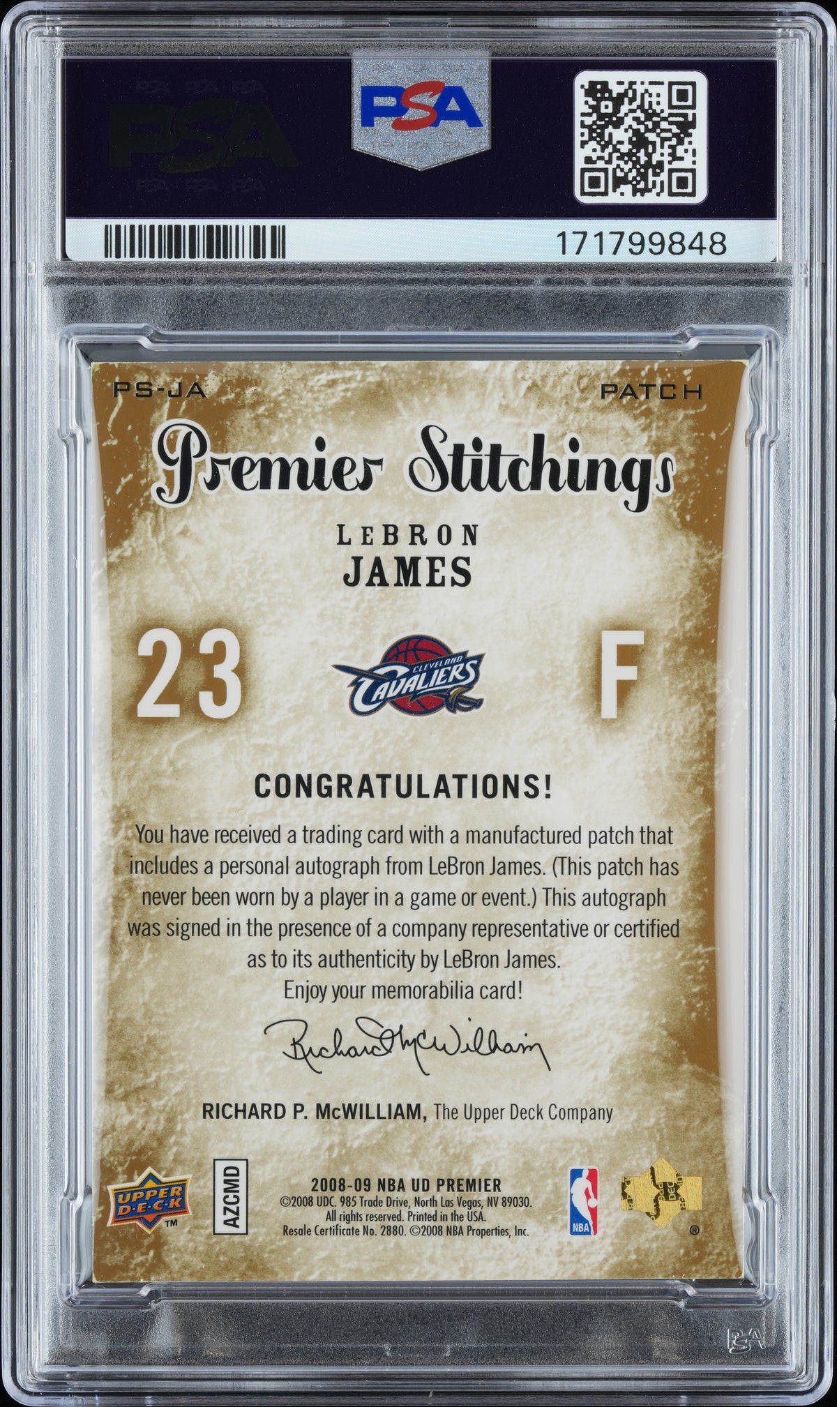 2008 Upper Deck Premier Stitchings LeBron James #PS-JA Auto 5 PSA A /5 Auto 10