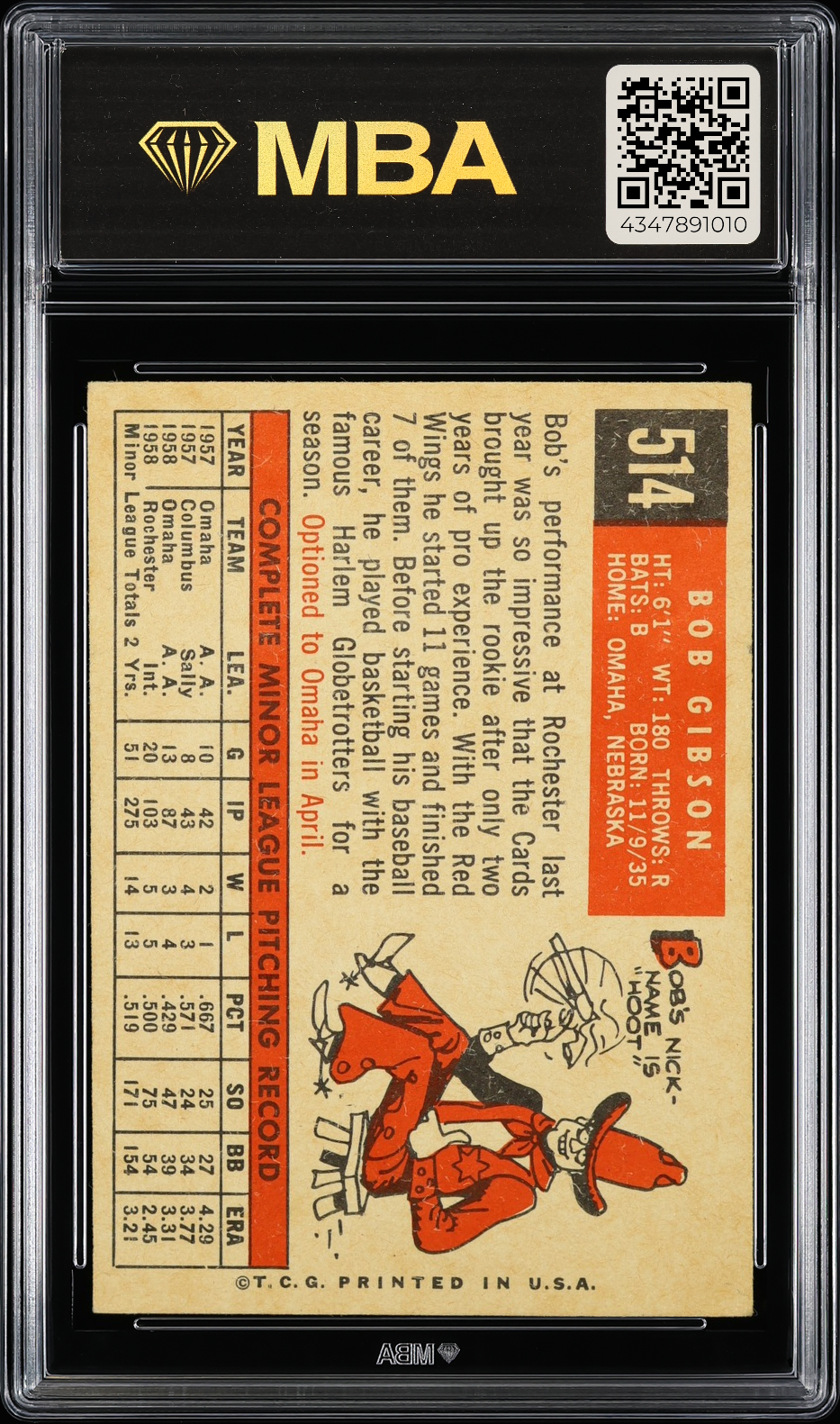 1959 Topps Bob Gibson #514 MBA 5 RC