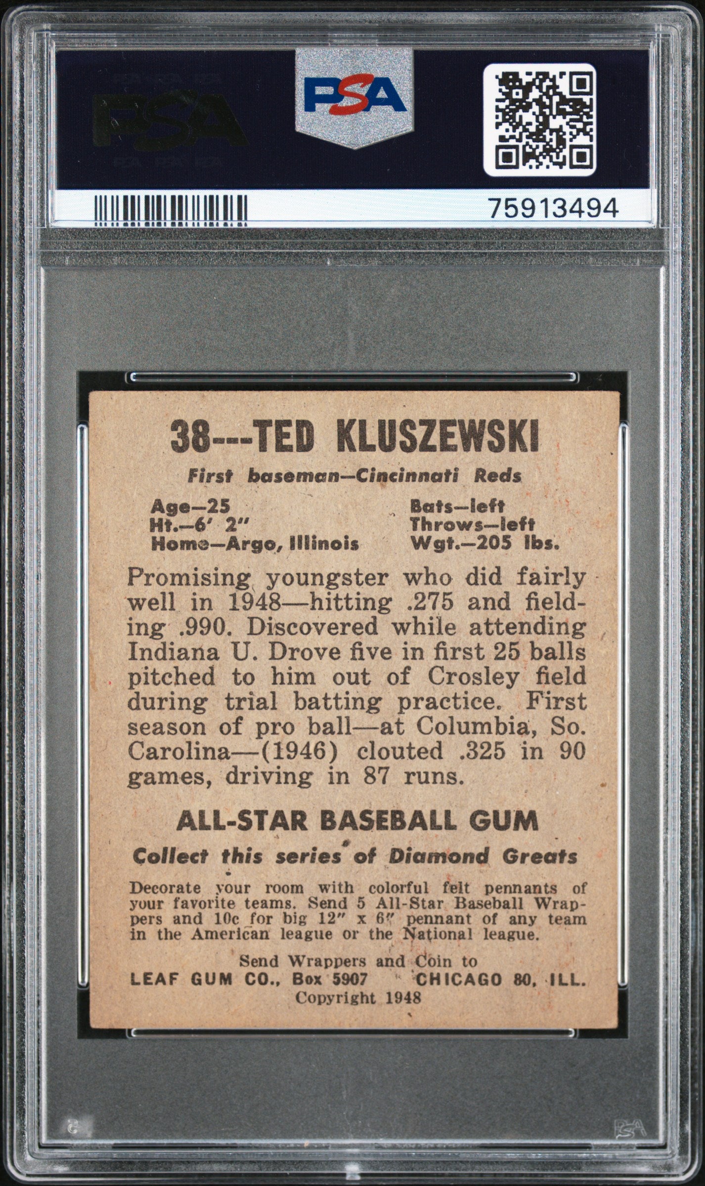 1948 Leaf Ted Kluszewski #38 PSA 5