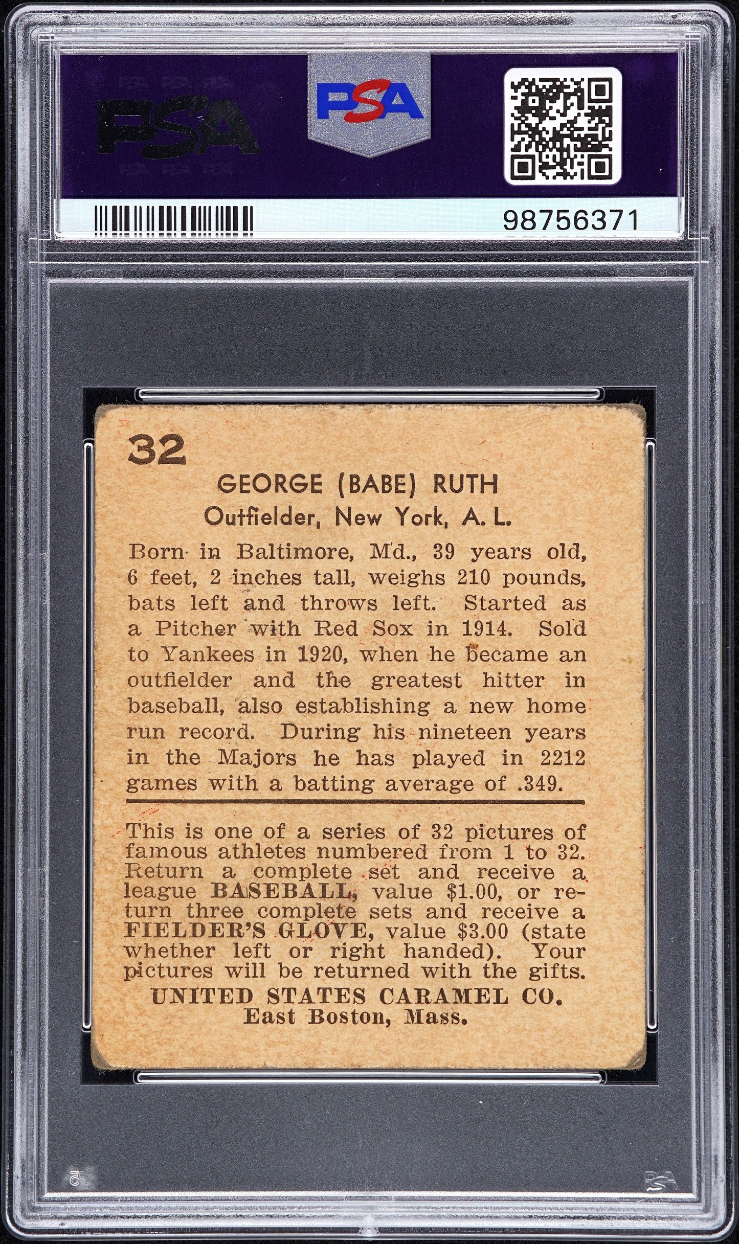 1932 U.S. Caramel Babe Ruth #32 Baseball PSA 2