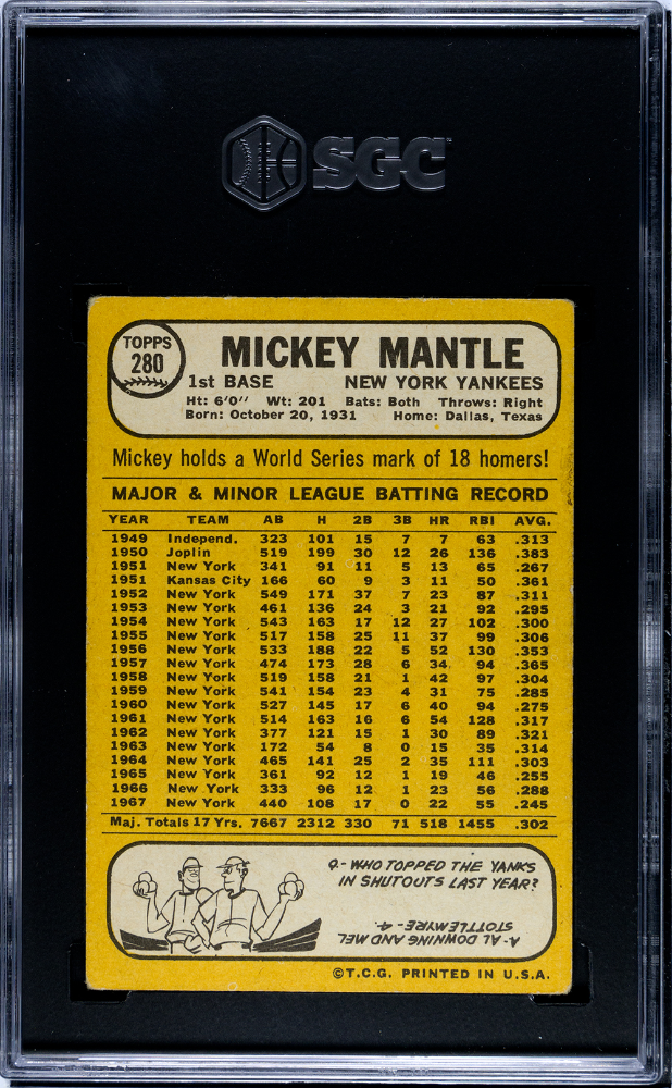1968 Topps Mickey Mantle #280 SGC 3