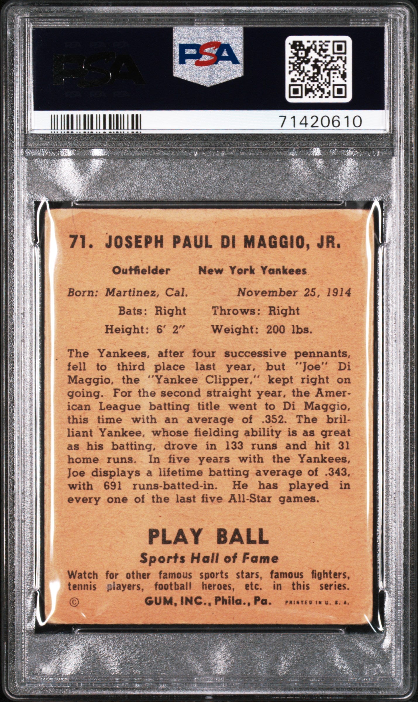 1941 Play Ball Joe Dimaggio #71 PSA 2.5