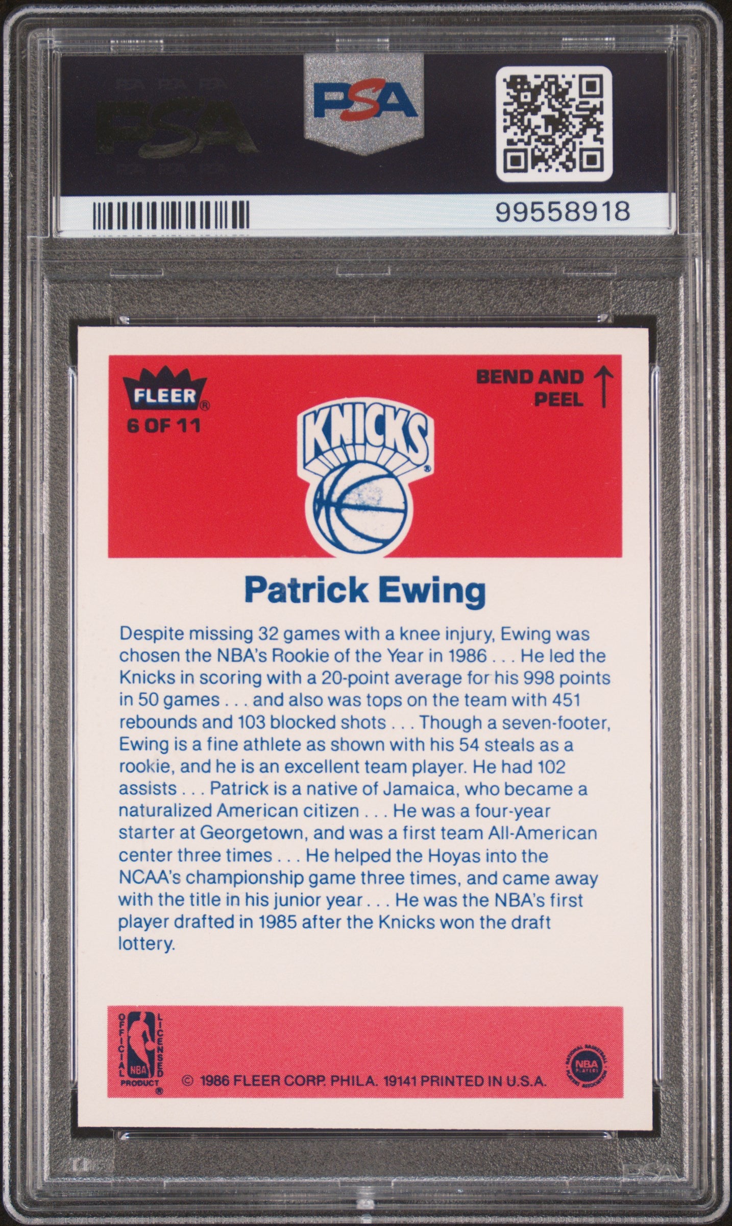 1986 Fleer Sticker Patrick Ewing #6 PSA 9 ST
