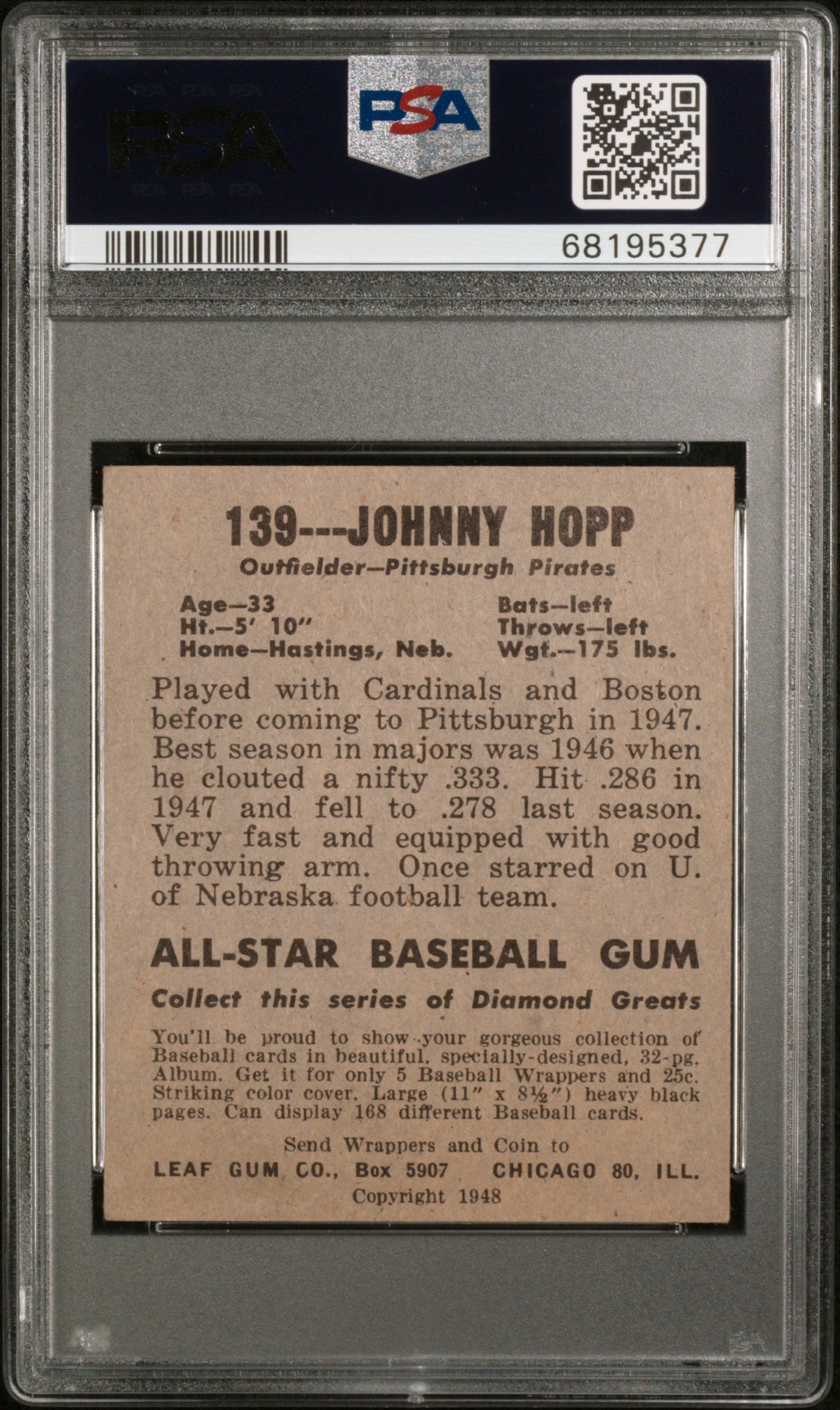 1948 Leaf Johnny Hopp #139 PSA 5