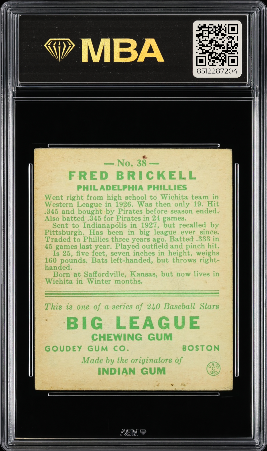1933 Goudey Fred Brickell #38 MBA 4