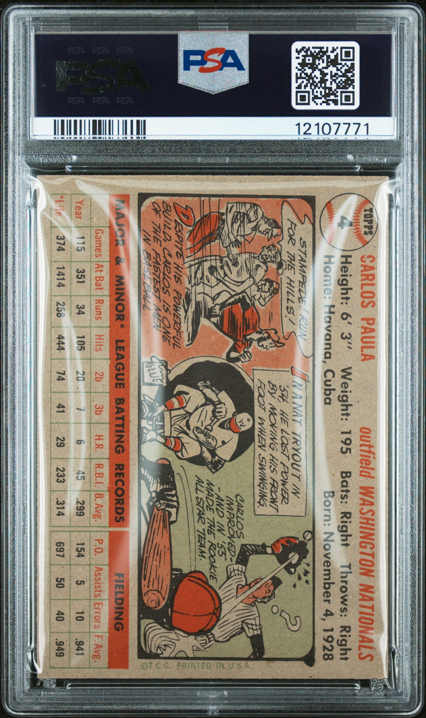 1956 Topps Carlos Paula #4 Gray Back PSA 7