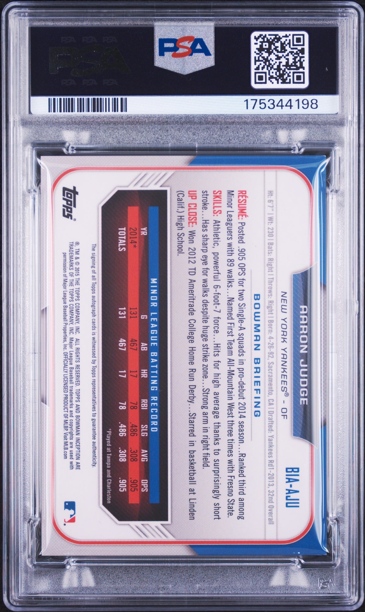 2015 Bowman Inception Autograph Aaron Judge #BIAAJU PSA 8 Auto 10