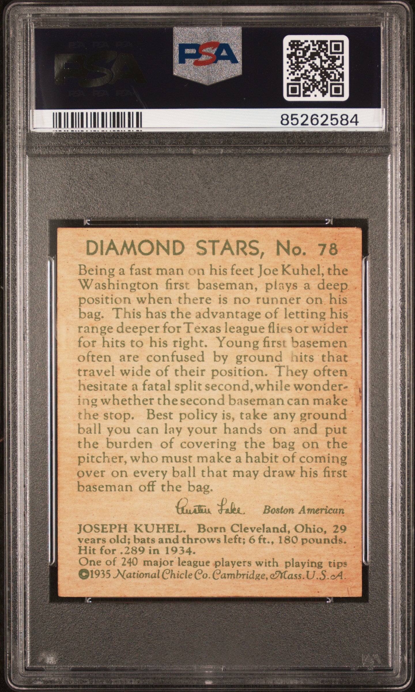 1935 Diamond Stars Joe Kuhel #78 Green Back PSA 7