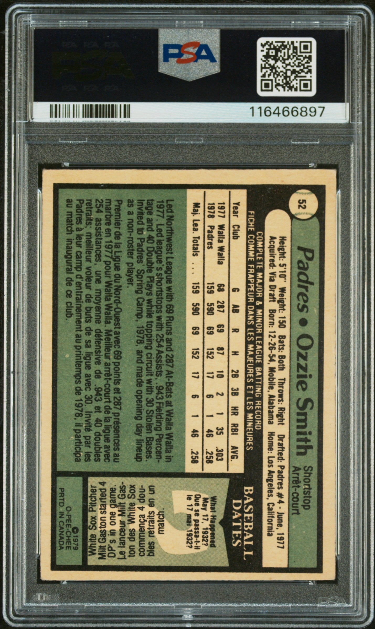 1979 O-Pee-Chee Ozzie Smith #52 PSA 3 Auto 10