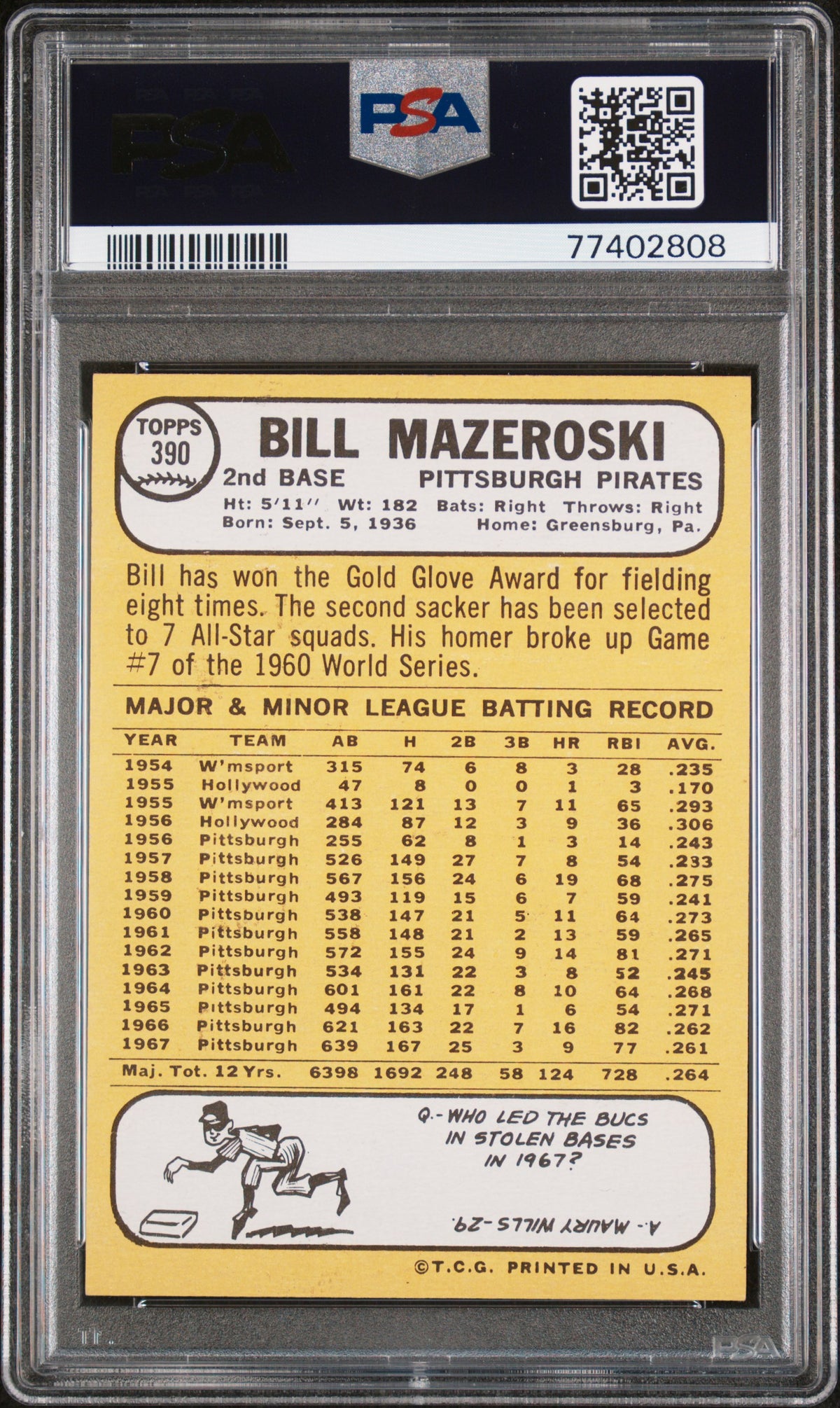 1968 Topps Bill Mazeroski #390 PSA 8