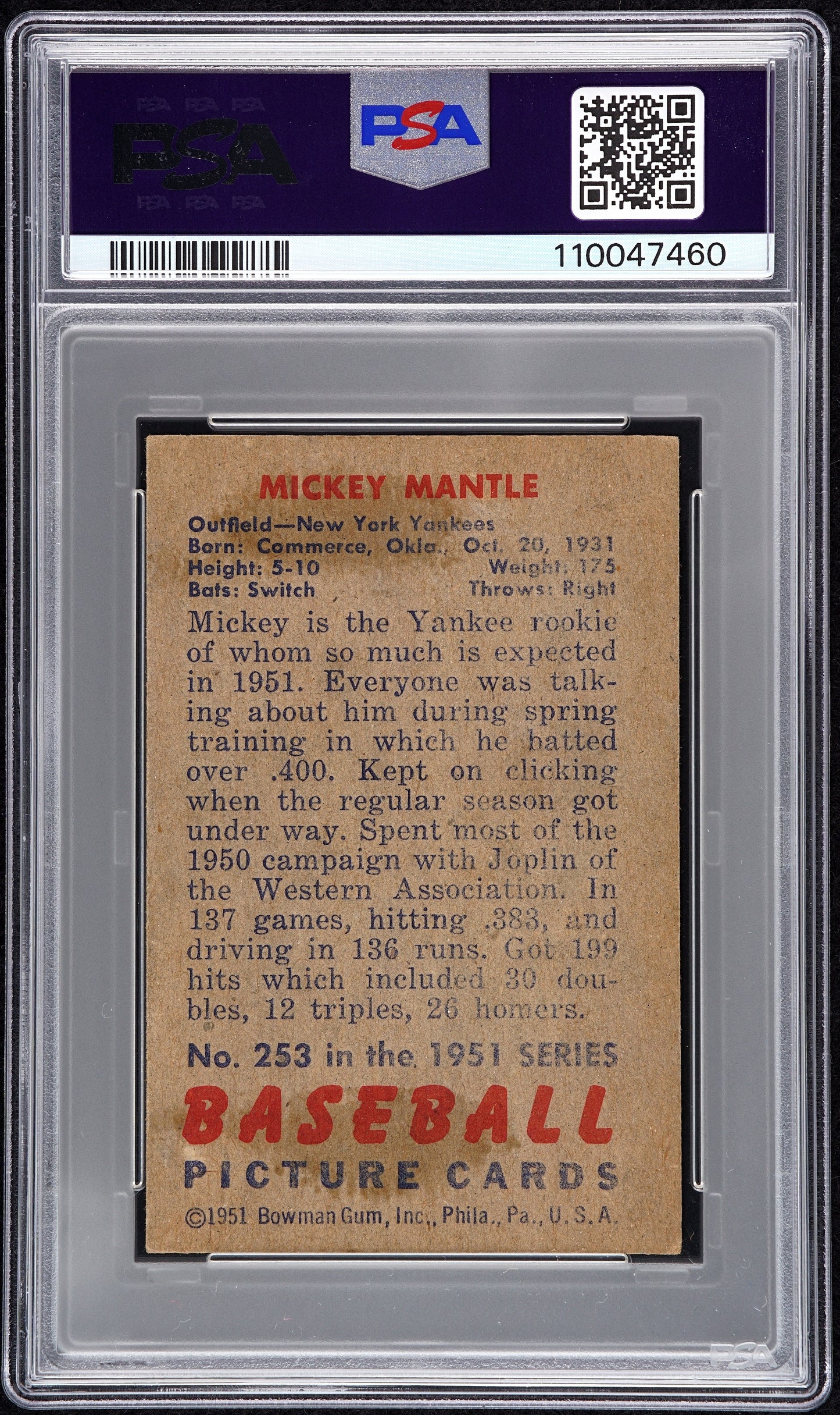 1951 Bowman Mickey Mantle #253 PSA 3