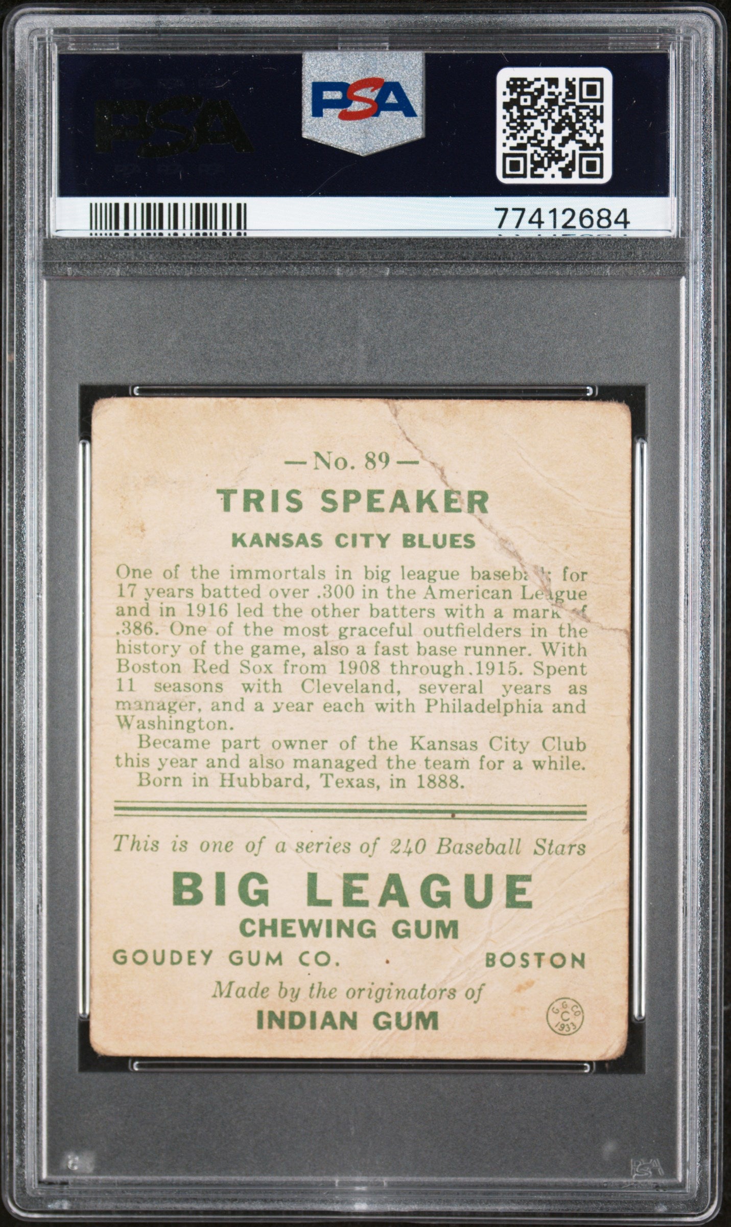 1933 Goudey Tris Speaker #89 PSA 1