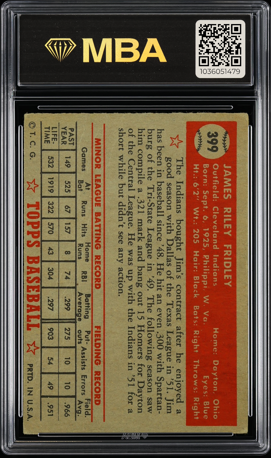 1952 Topps Jim Fridley #399 MBA 1