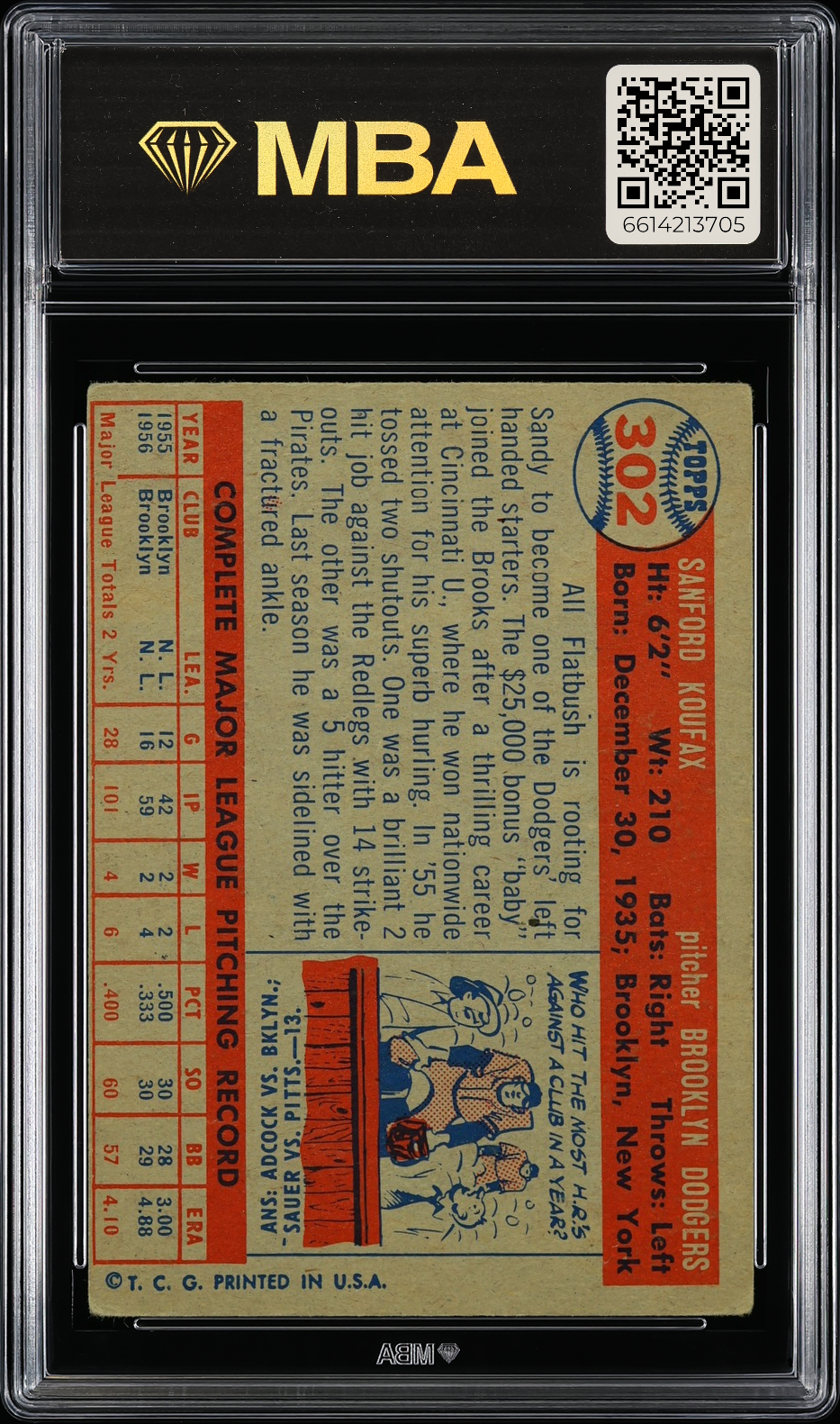 1957 Topps Sandy Koufax #302 MBA 3