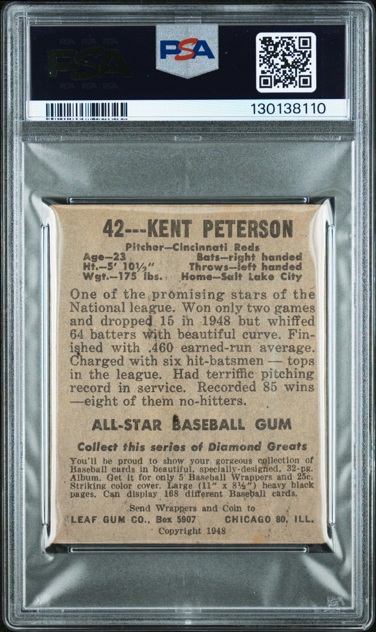 1948 Leaf Kent Peterson #42 Black Cap PSA 5