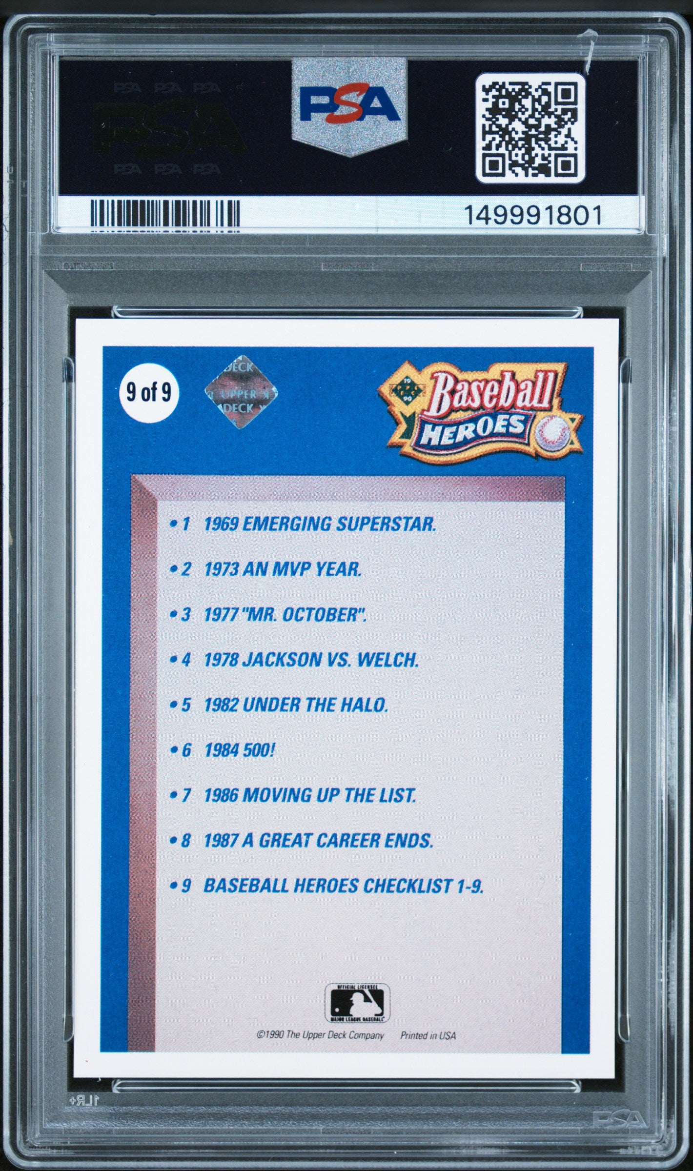 1990 Upper Deck Heroes Reggie Jackson #9 Checklist Autograph PSA 8 Auto 8
