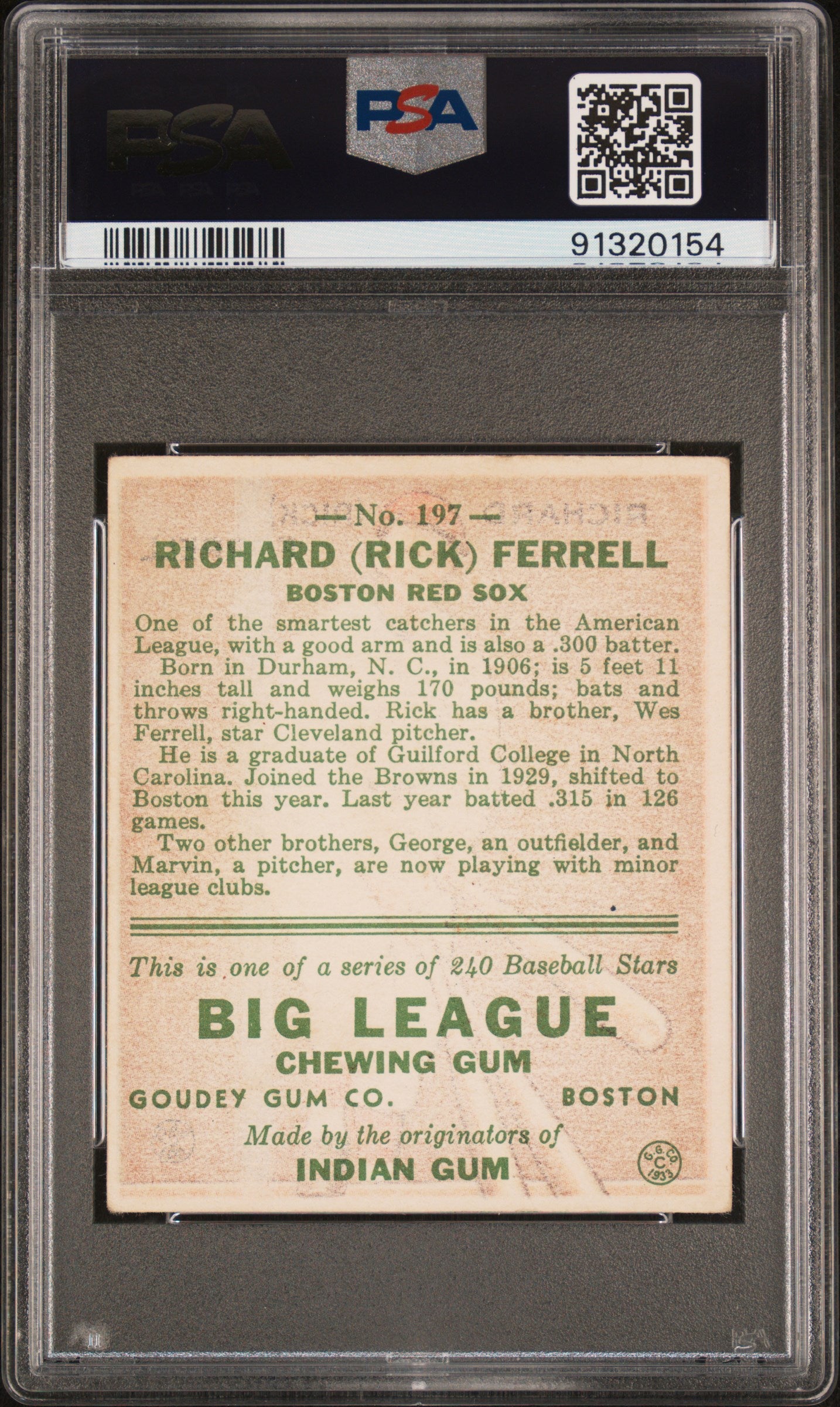 1933 Goudey Rick Ferrell #197 PSA 4