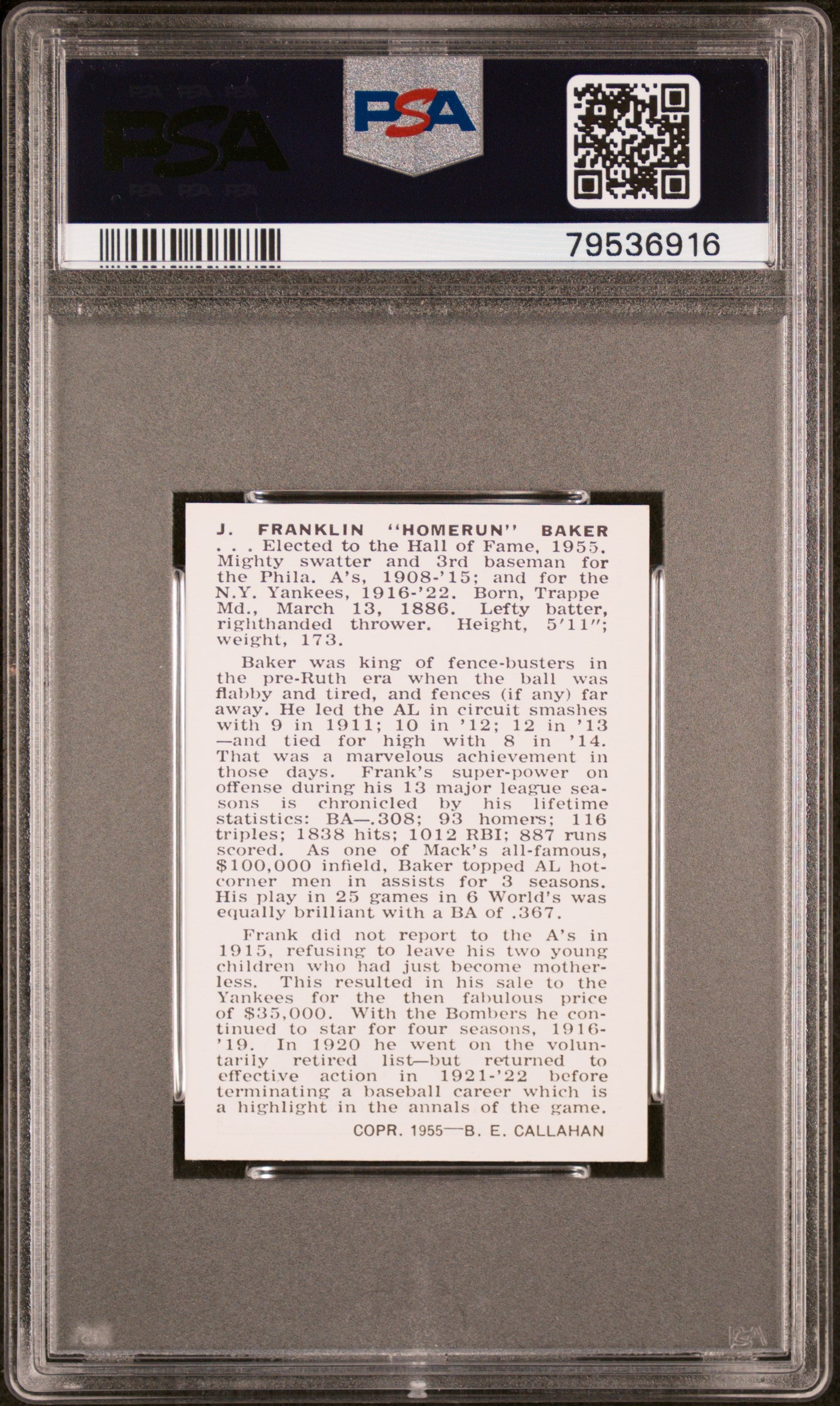 1950 Callahan Hall Of Fame Homerun Baker PSA 9