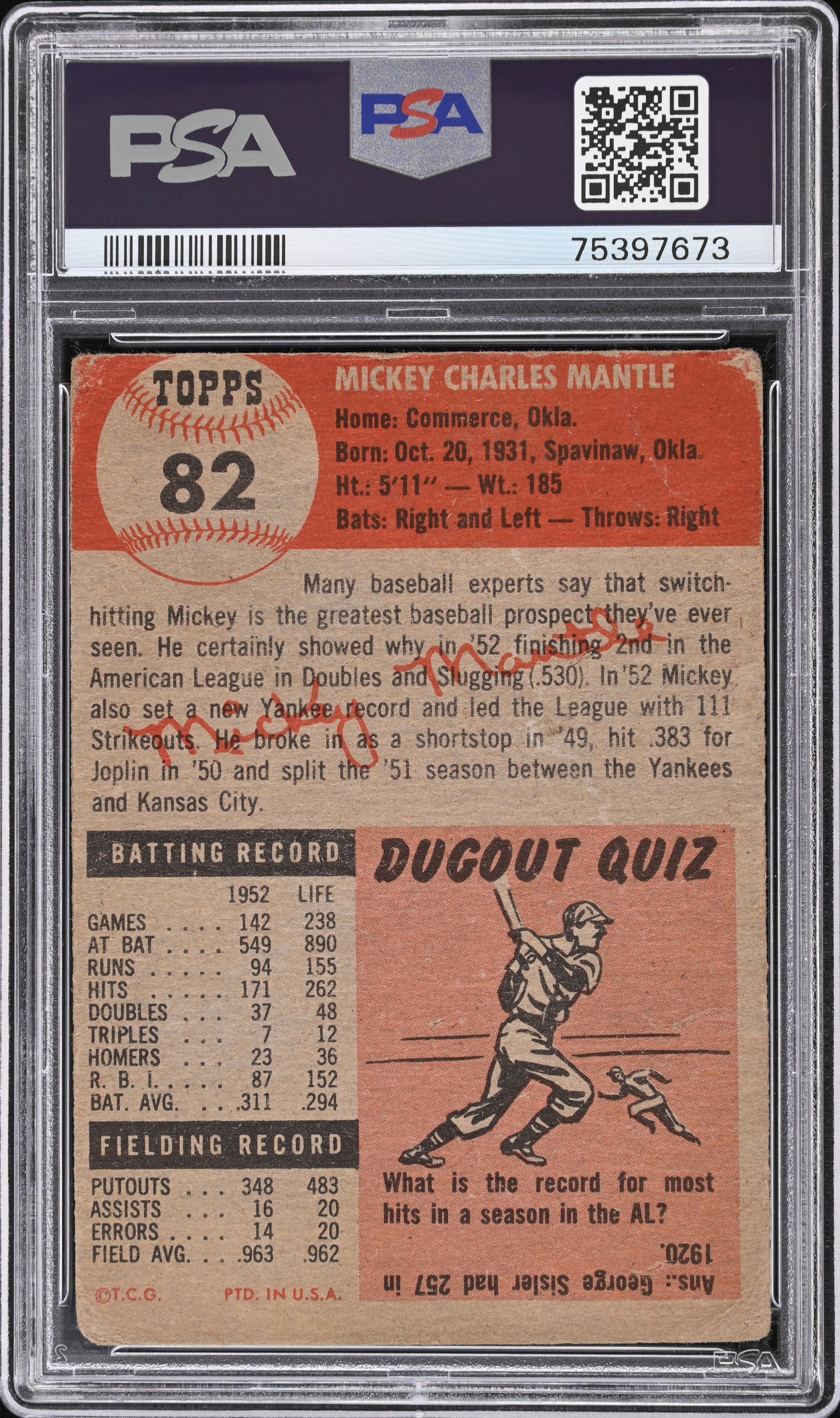 1953 Topps Mickey Mantle #82 PSA 1
