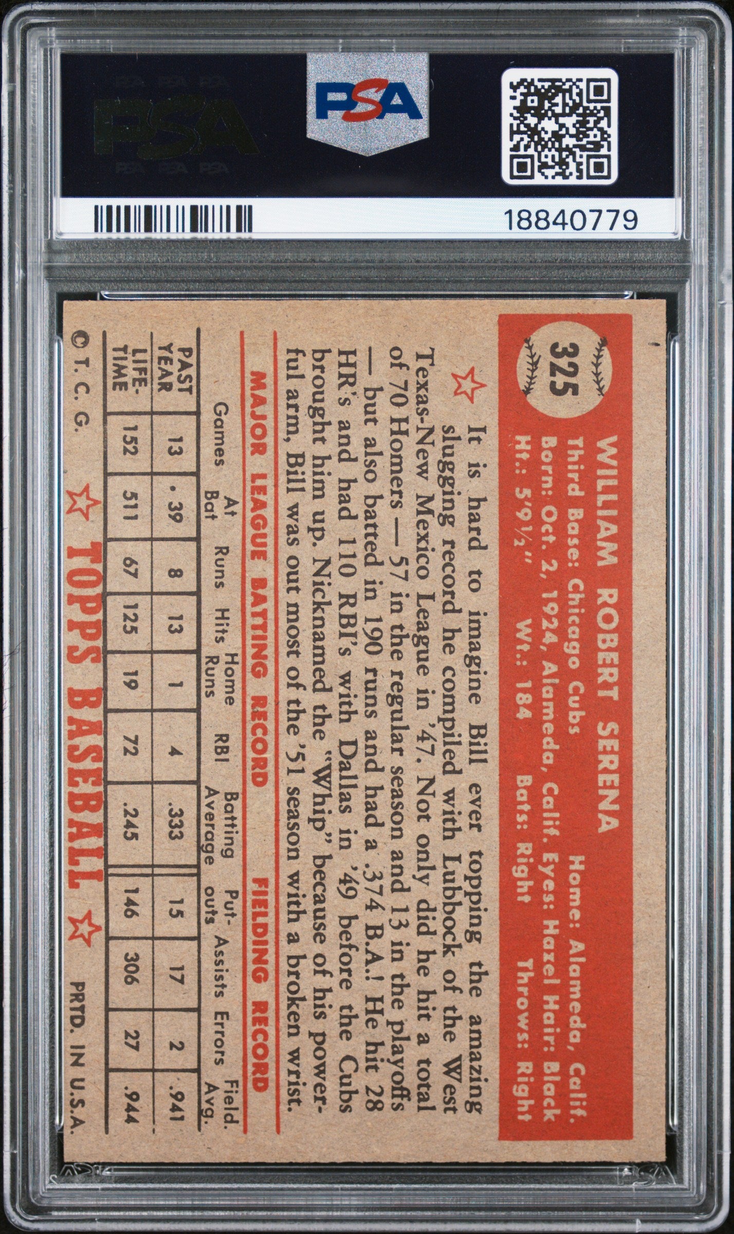 1952 Topps Bill Serena #325 PSA 7