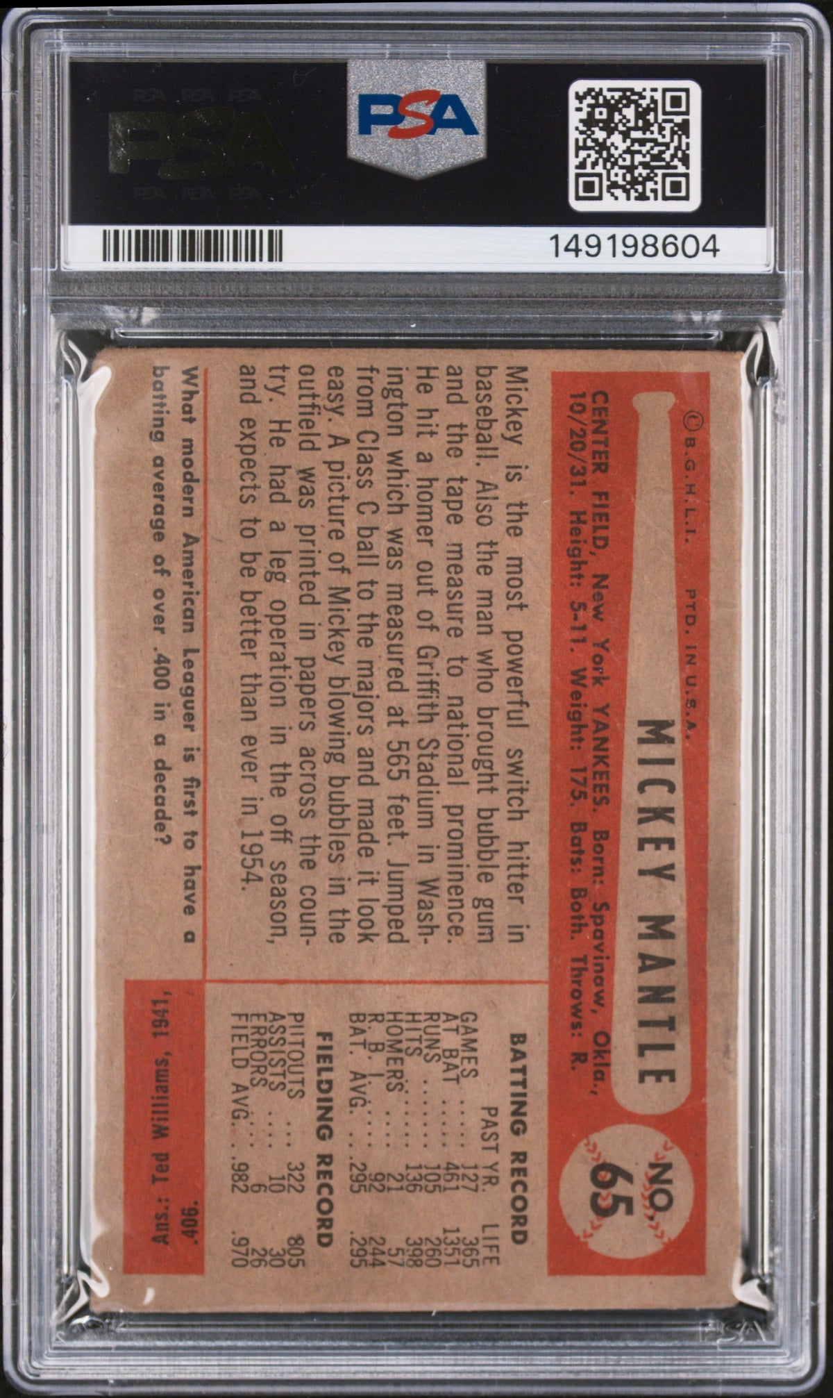1954 Bowman Mickey Mantle #65 PSA 1