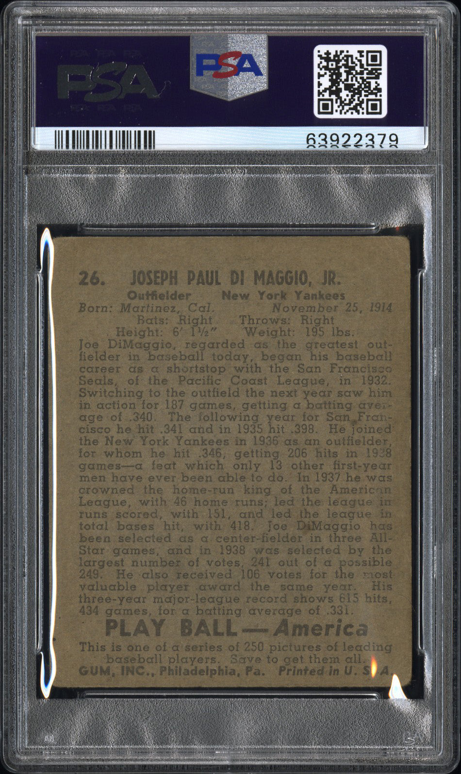 1939 Play Ball Joe Dimaggio #26 PSA 2