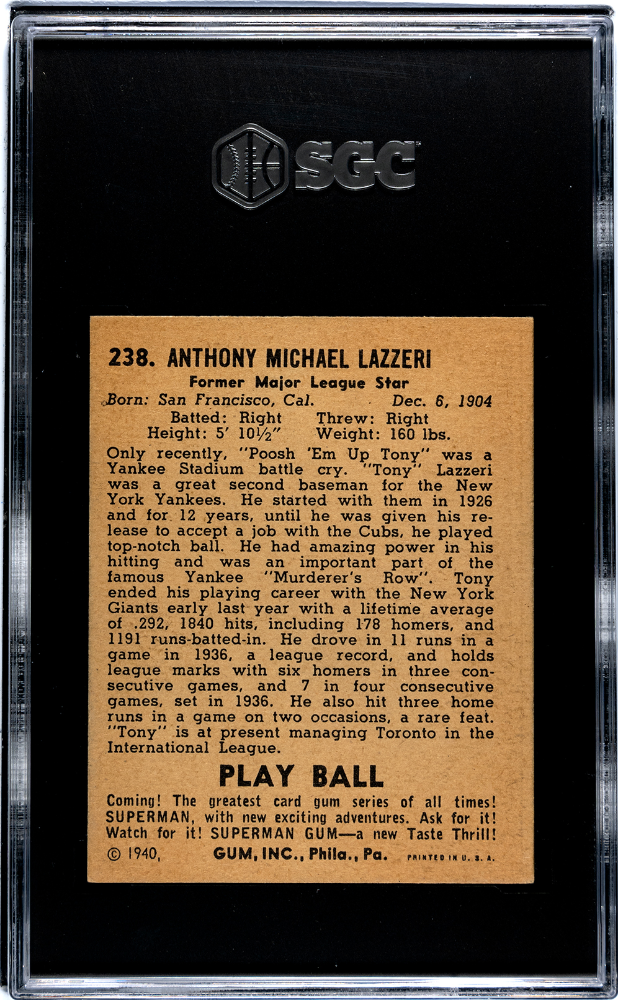 1940 Playball Tony Lazzeri #238 SGC 5