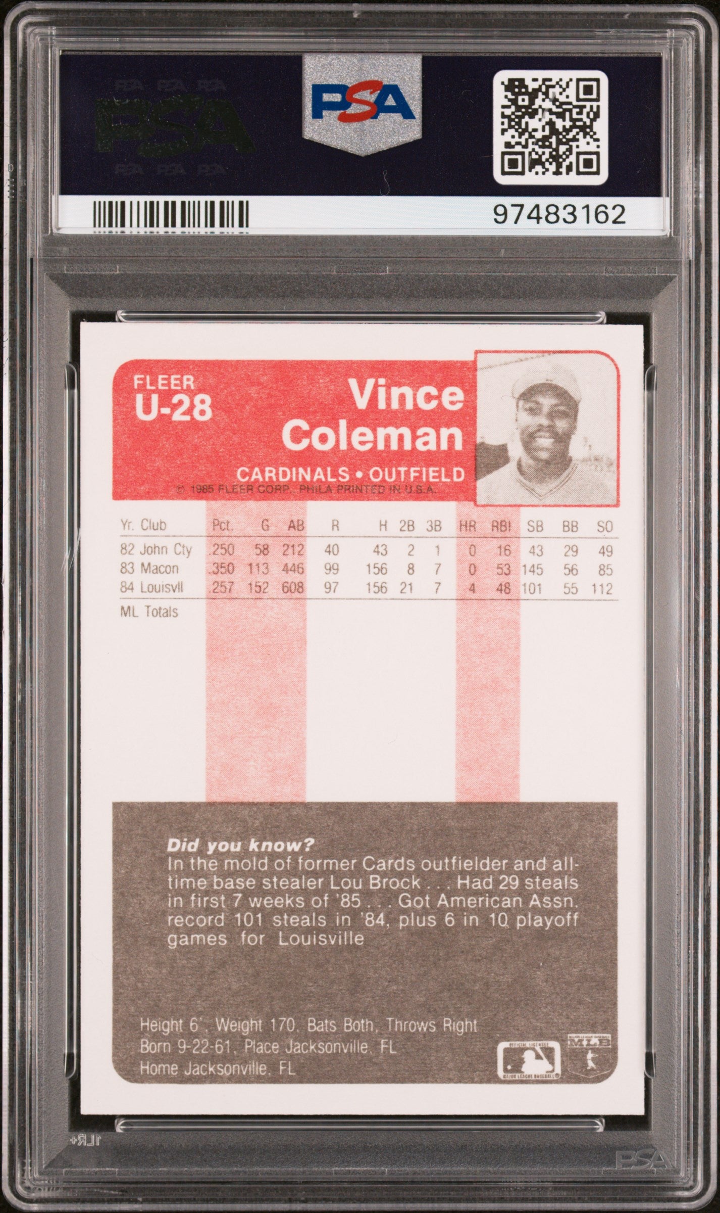1985 Fleer Update Vince Coleman #U-28 PSA 10