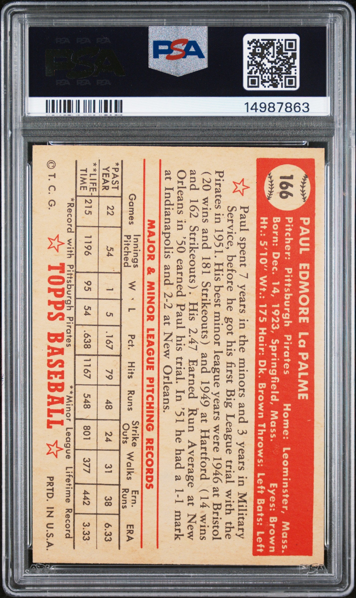 1952 Topps Paul Lapalme #166 PSA 7