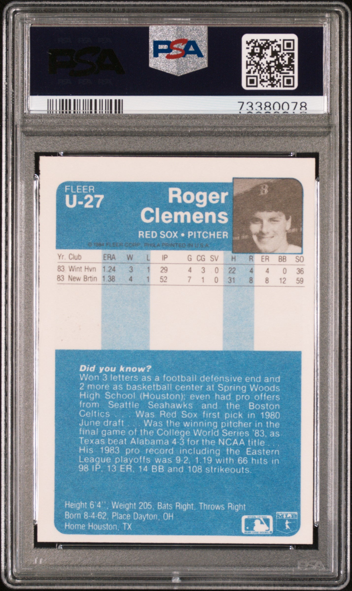 1984 Fleer Update Roger Clemens #U-27 PSA 8