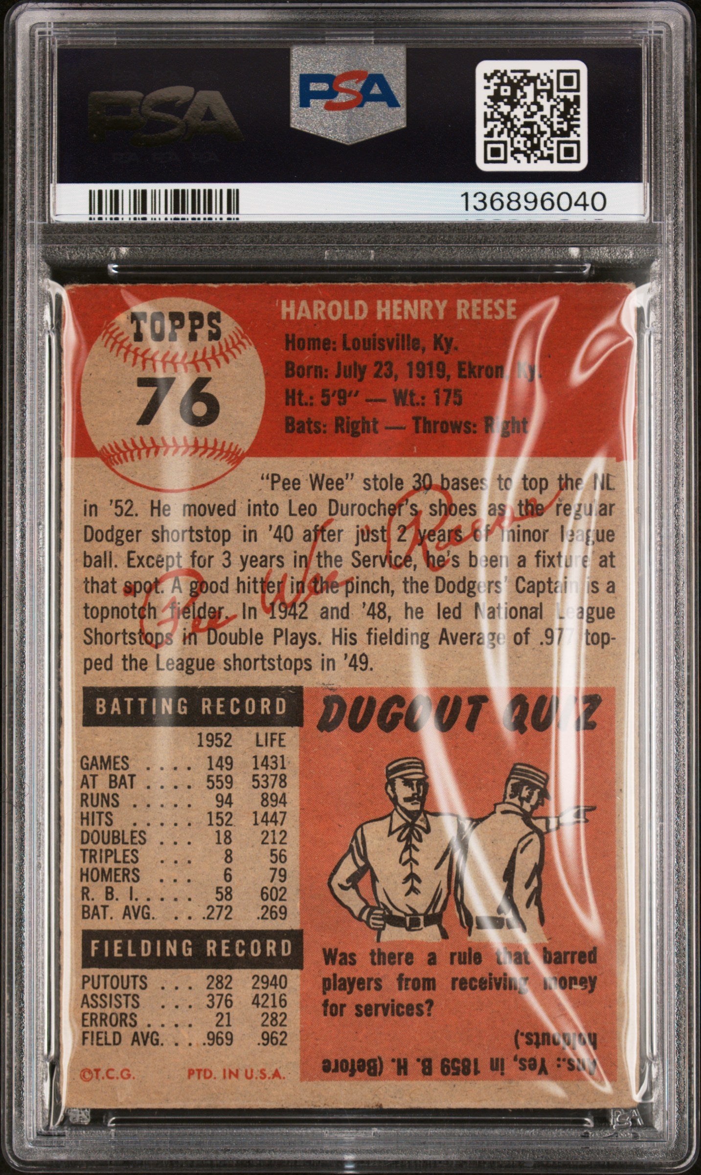 1953 Topps Pee Wee Reese #76 PSA 3