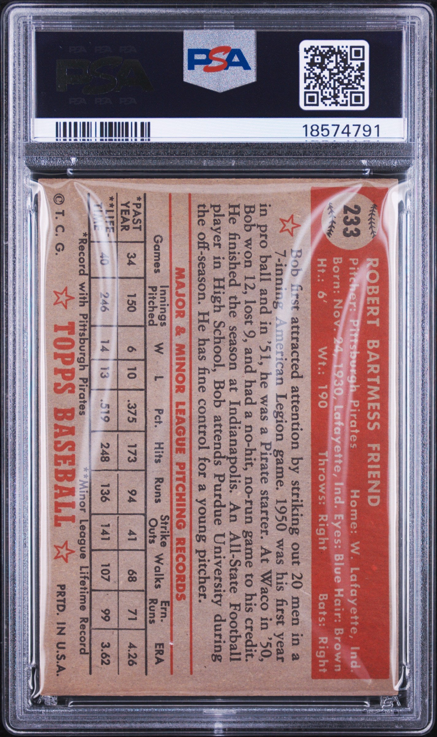 1952 Topps Bob Friend #233 PSA 7