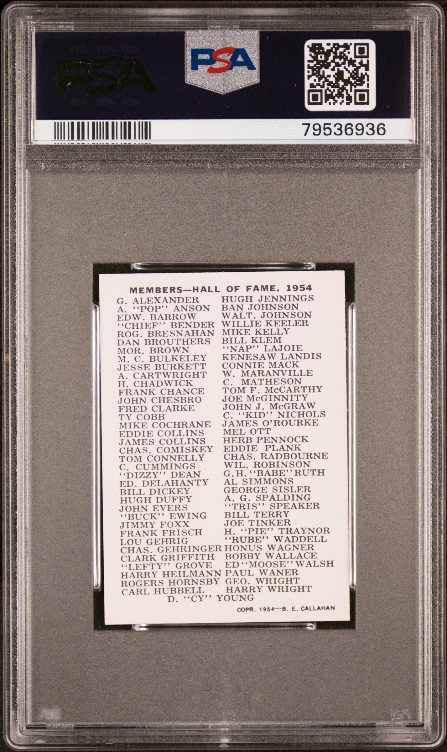 1950 Callahan Hall Of Fame Museum Inter. View 1954 At Top On Back PSA 9