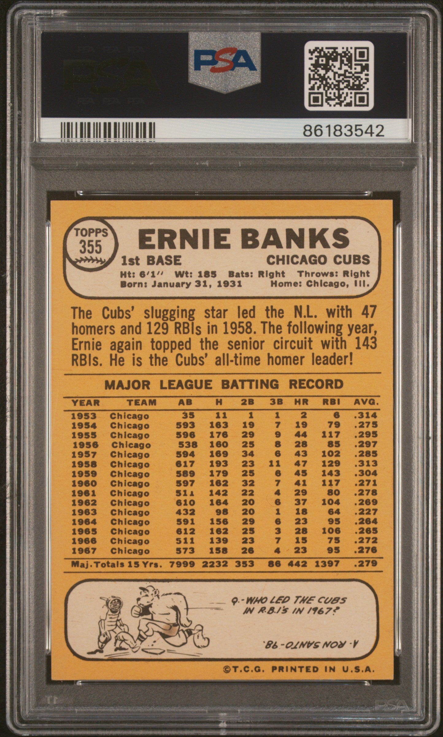 1968 Topps Ernie Banks #355 PSA 7 Auto A