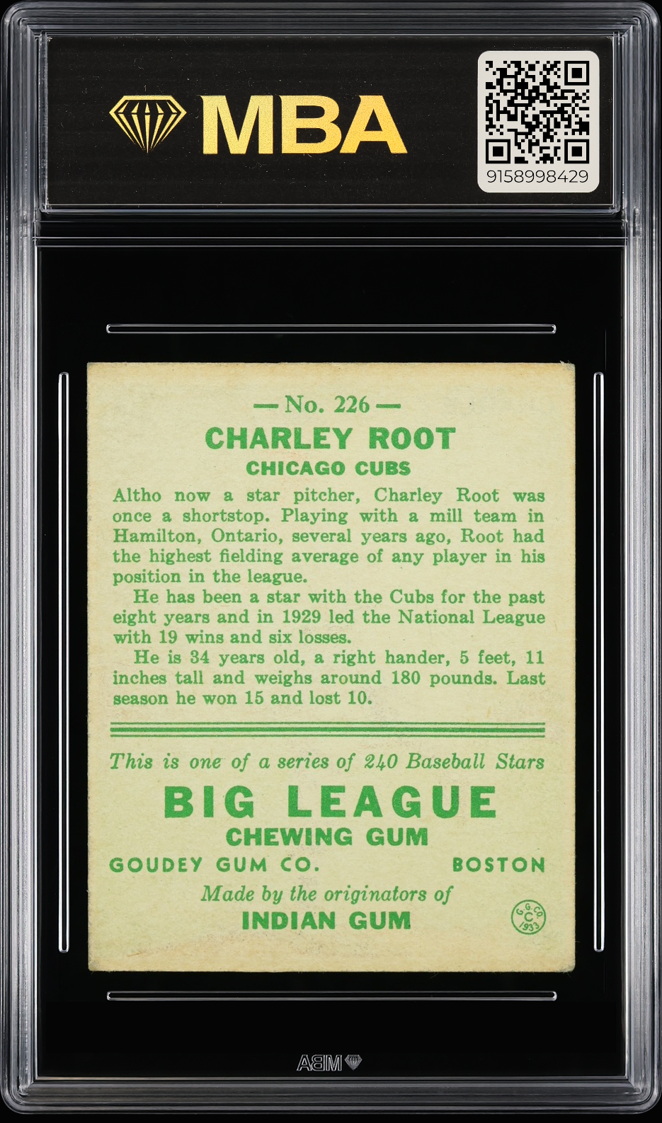 1933 Goudey Charley Root #226 MBA 4