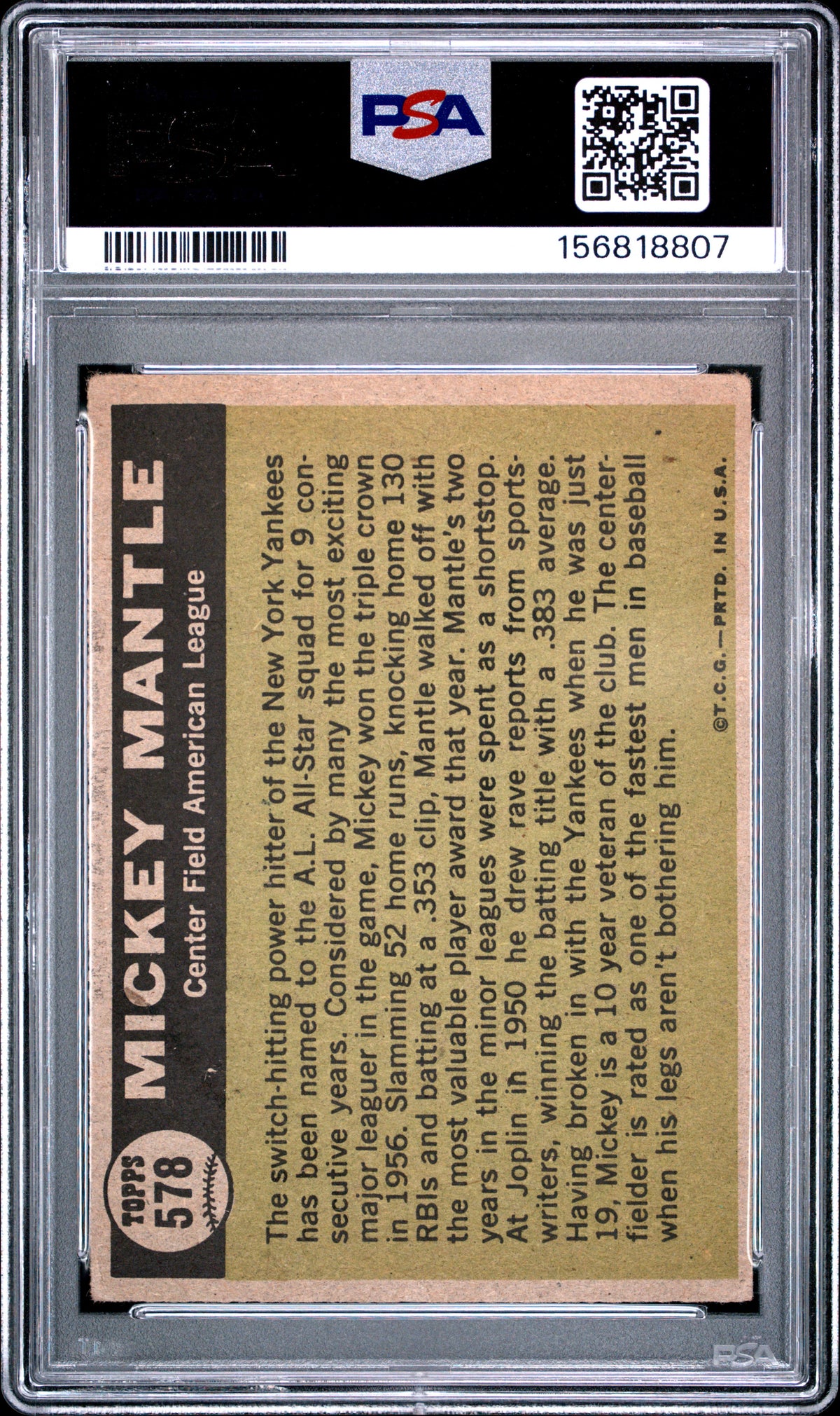 1961 Topps Mickey Mantle #578 All Star PSA 2
