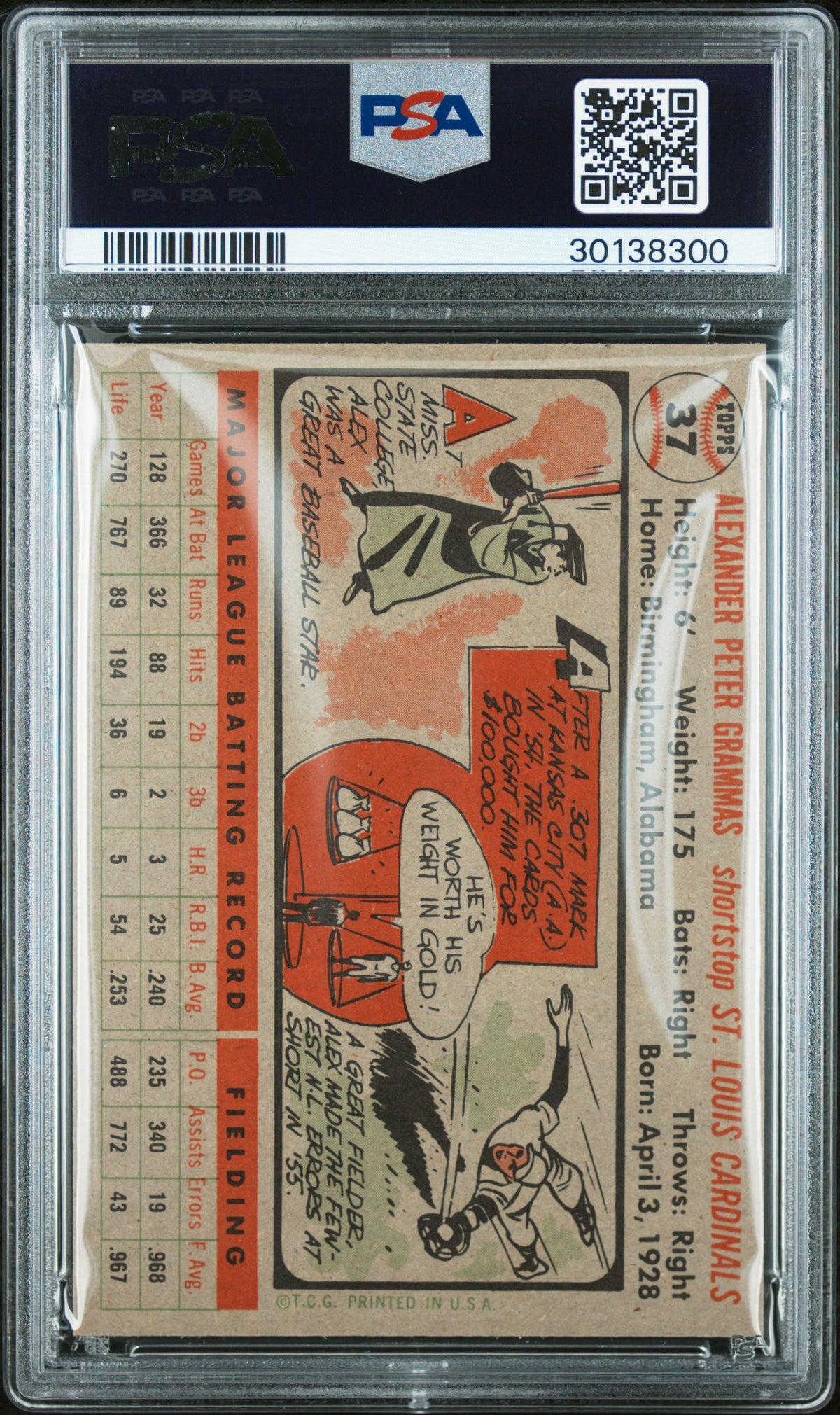 1956 Topps Alex Grammas #37 Gray Back PSA 8