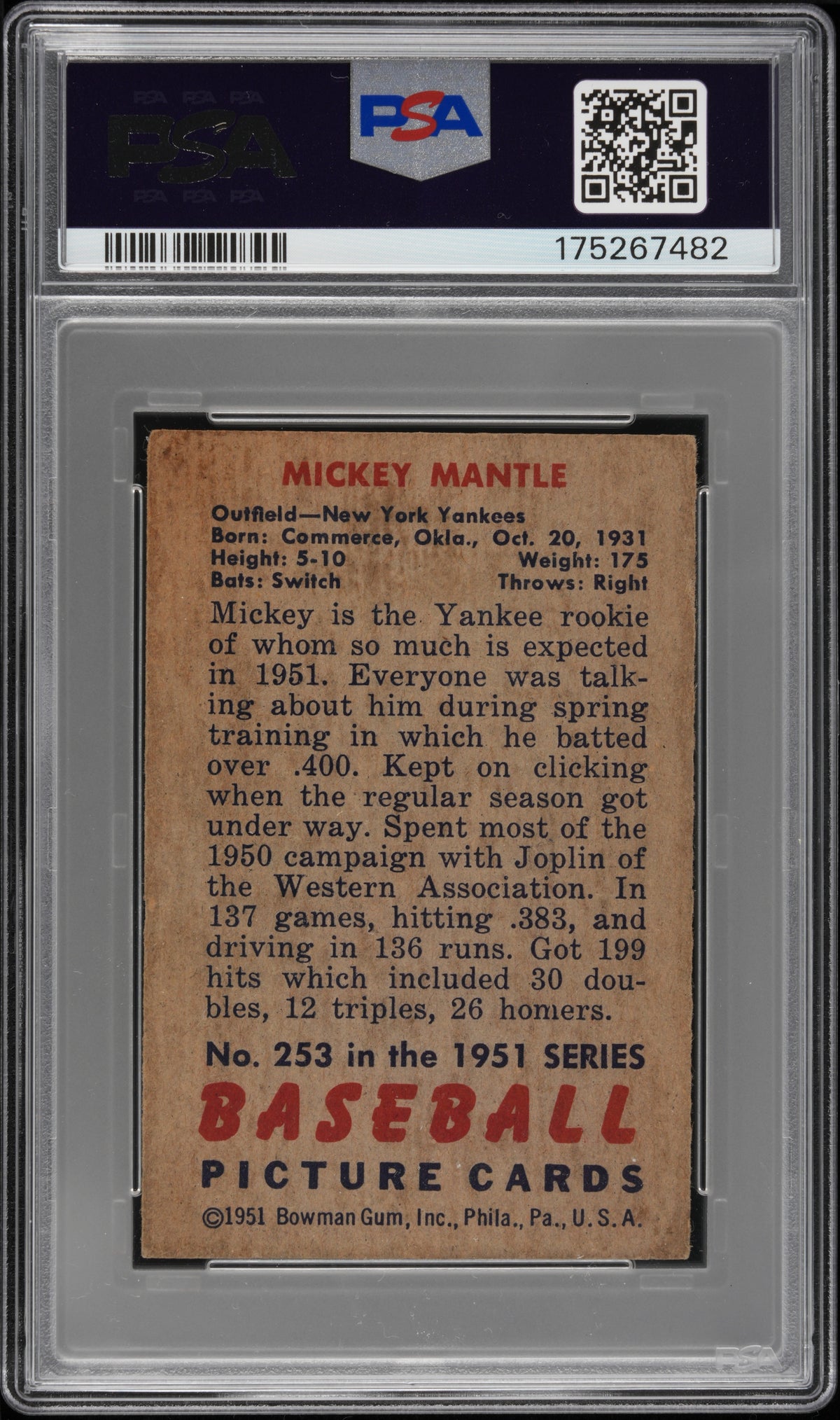 1951 Bowman Mickey Mantle #253 PSA A