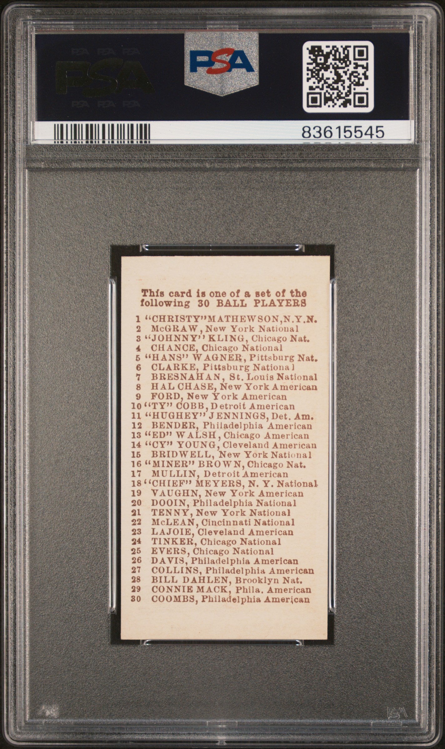 1910 E98 Set Of 30 Hippo Vaughn Red PSA 8