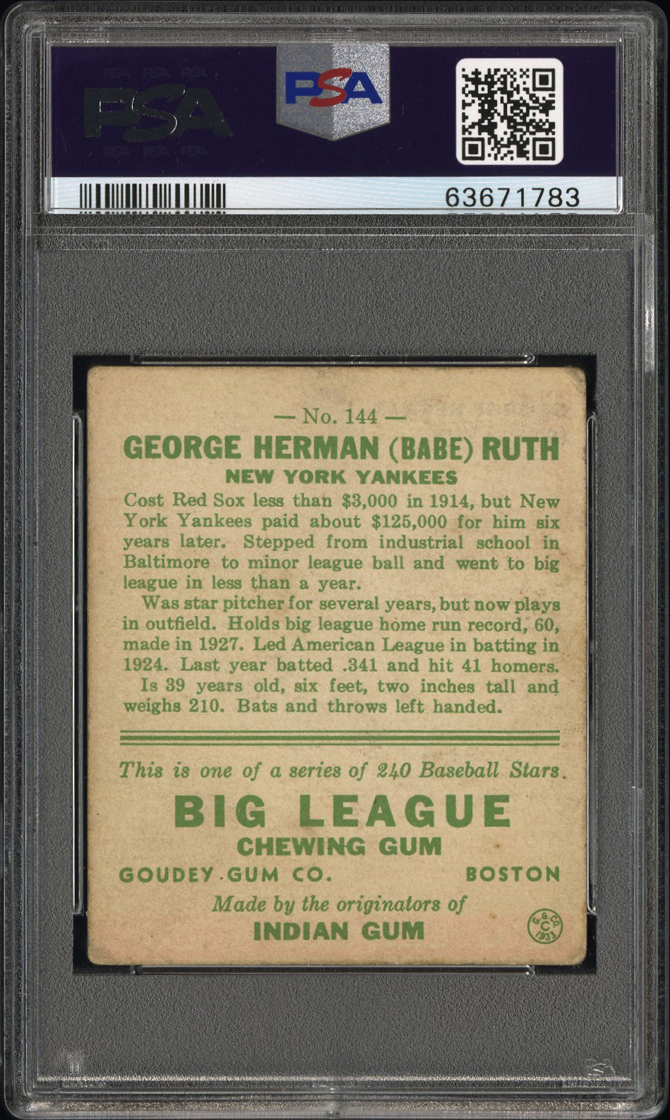 1933 Goudey Babe Ruth #144 PSA 1.5