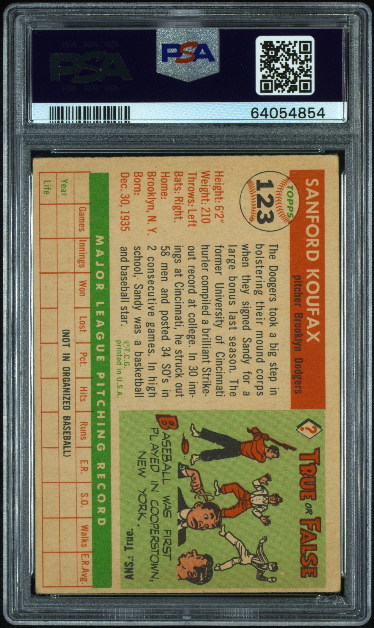 1955 Topps Sandy Koufax #123 PSA 4.5