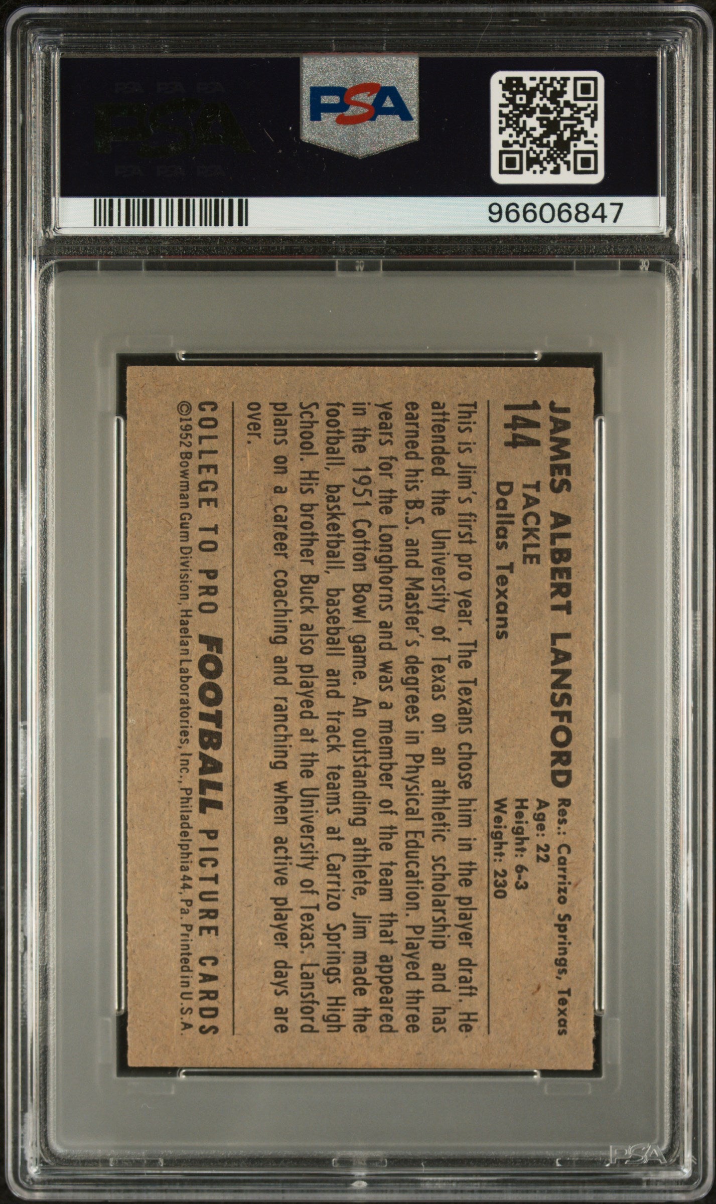 1952 Bowman Small Jim Lansford #144 PSA 5