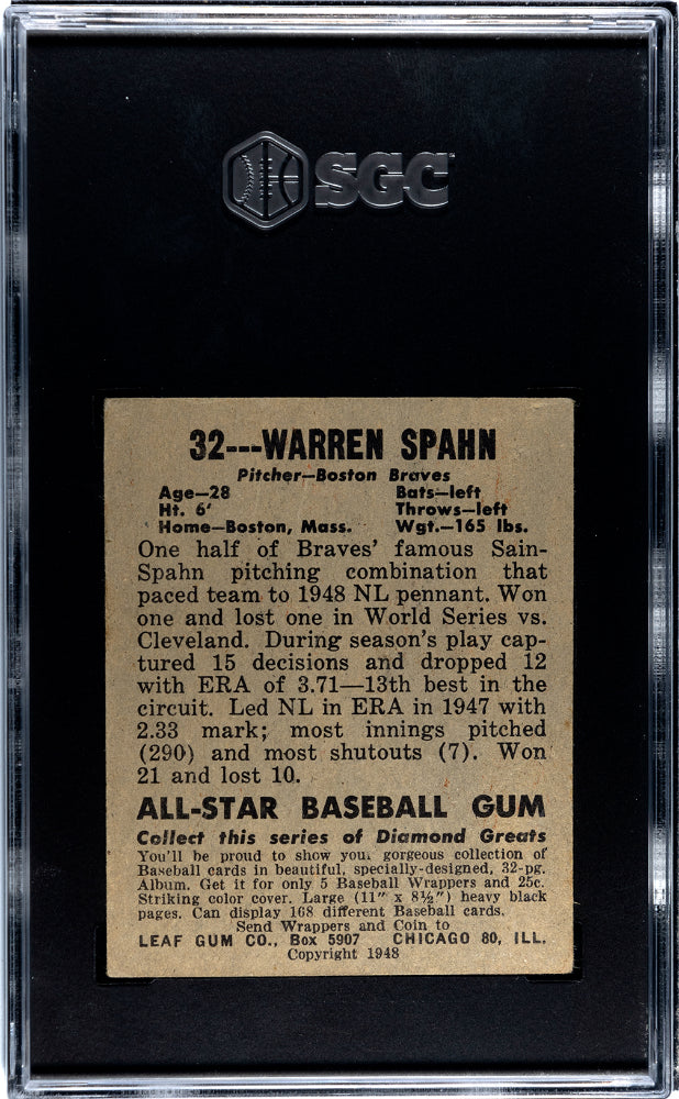 1948 Leaf Gum Co. Warren Spahn #32 SGC 3