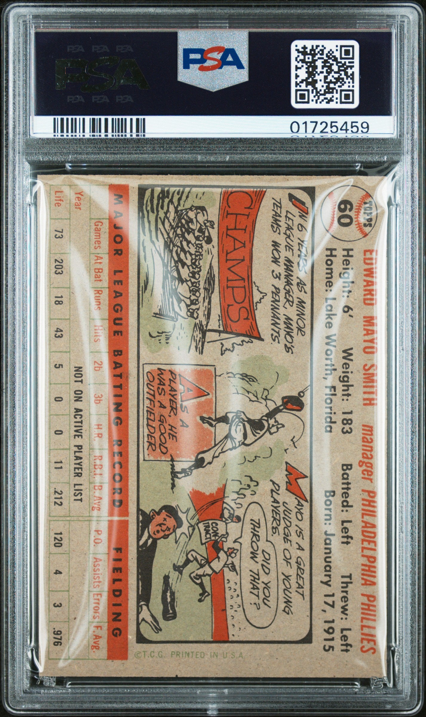 1956 Topps Mayo Smith #60 Gray Back PSA 8